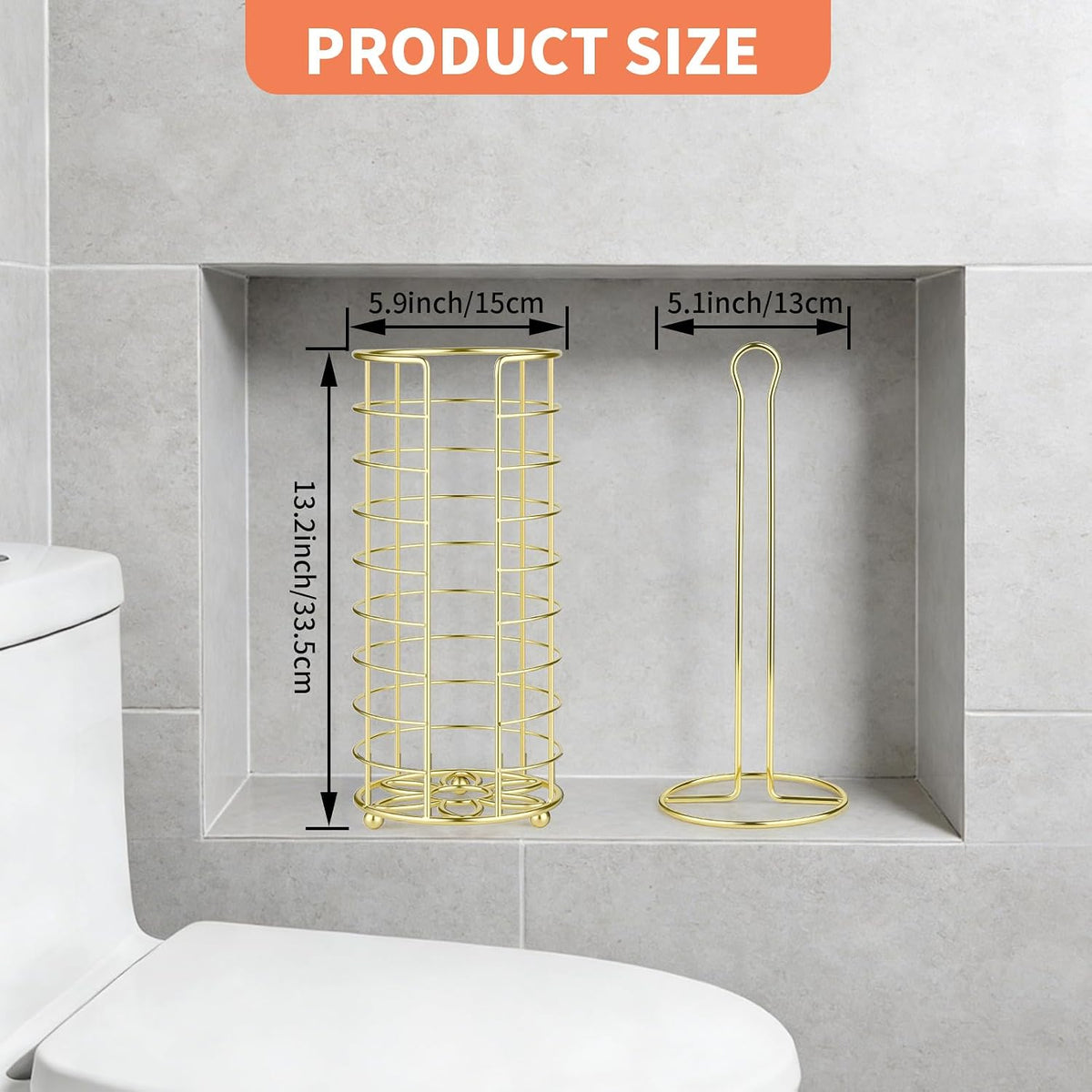 Toilet Paper Holder Stand,Freestanding,Gold | Bathroom Toilet Paper Organizer, 3 Mega Roll Toilet Paper Holder for