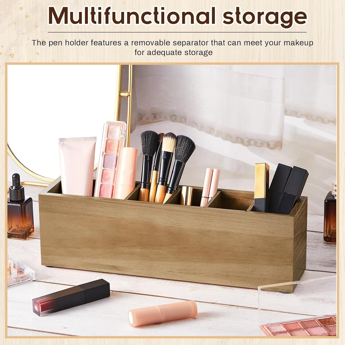 Jetec Wooden Pencil Pen Holder for Desk 6 Compartments Cosmetic Makeup Brush Stationery Office Desktop Organizers for