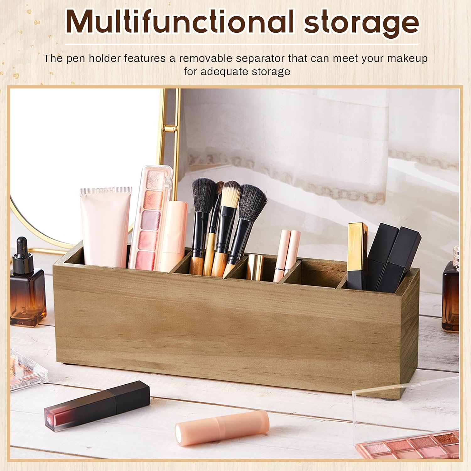 Jetec Wooden Pencil Pen Holder for Desk 6 Compartments Cosmetic Makeup Brush Stationery Office Desktop Organizers for