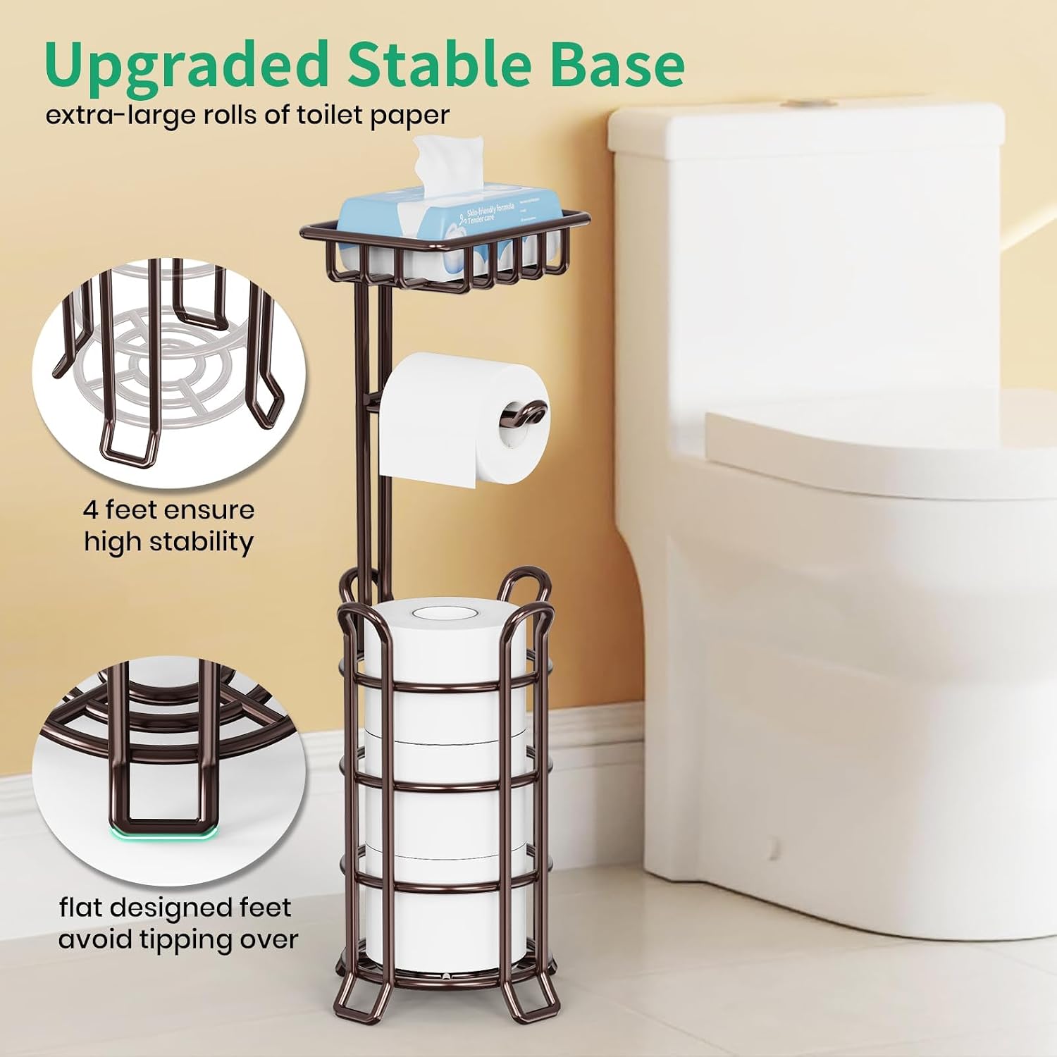 TomCare Toilet Paper Holder Free Standing with Shelf, Stable 4 Raised Feet | Stores 4 Mega Rolls, Tool-Free Assembly