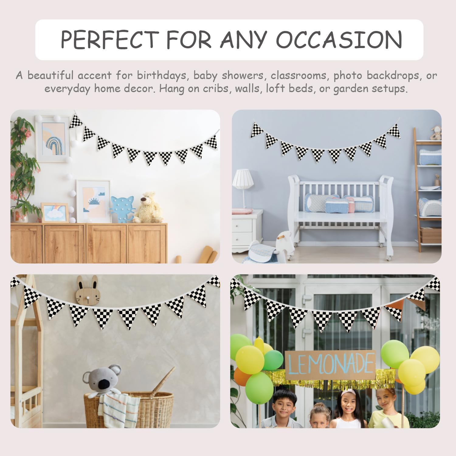 Black and White Checkered Garland Triangle / 01-black and White Checkered