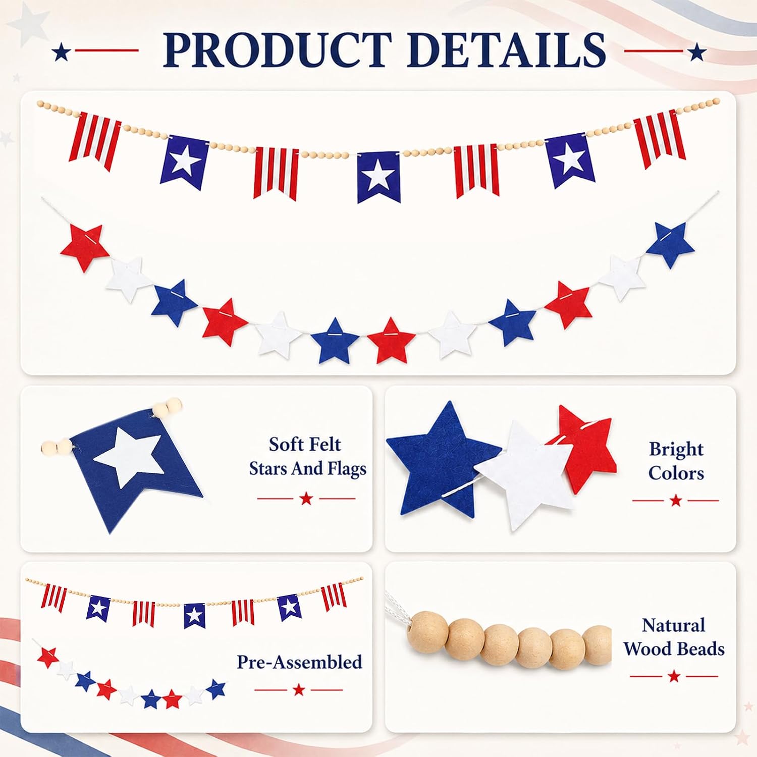 4th of July Wood Bead Garland Banner 250th Anniversary Patriotic Decorations American Flag / Red