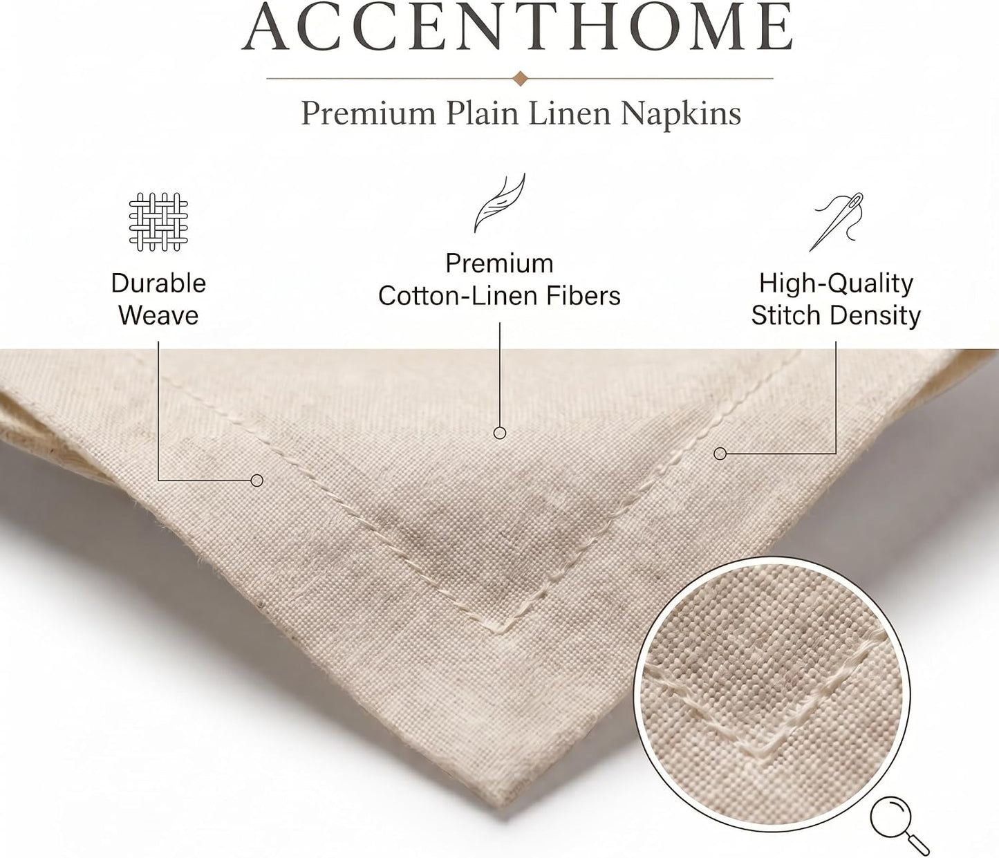 ACCENTHOME Natural Cotton Linen Napkin Set of 12 18x18 inch Dinner Napkins | Cotton Linen Blend Napkins, Machine Wash