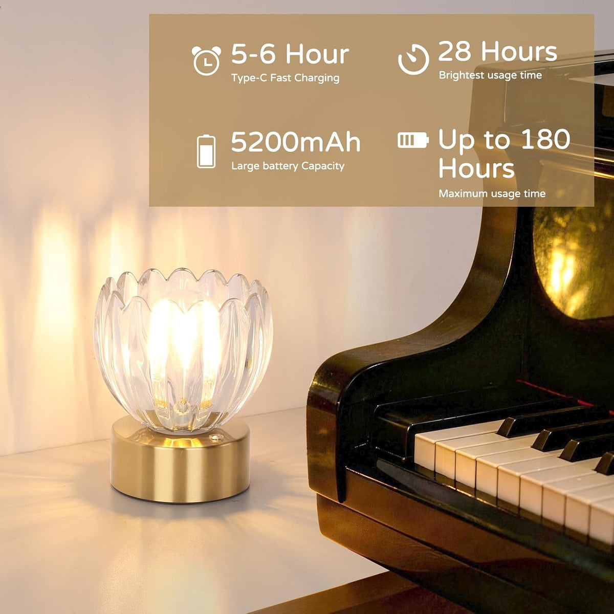Shenmoyl Cordless Small Table Lamp with 5200mAh Battery & Touch Control, Battery Operated Tulip Table Lamp with 3