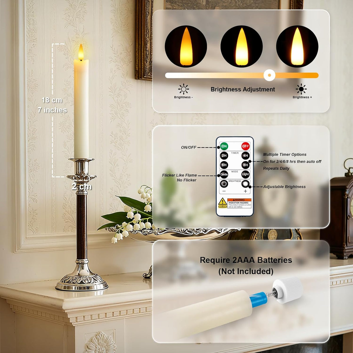 7 Inches Flameless Taper Candles with Remote Timer, Real Wax Ivory Short Led Candlesticks, 3D Wick Light Battery