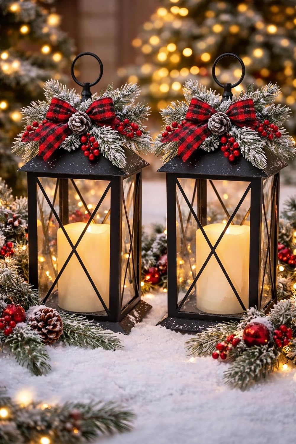 Black Decorative Lantern Set of 2 with LED Candle – Lighted Lanterns with Cross Bar Design, 4 Hour Timer, Indoor