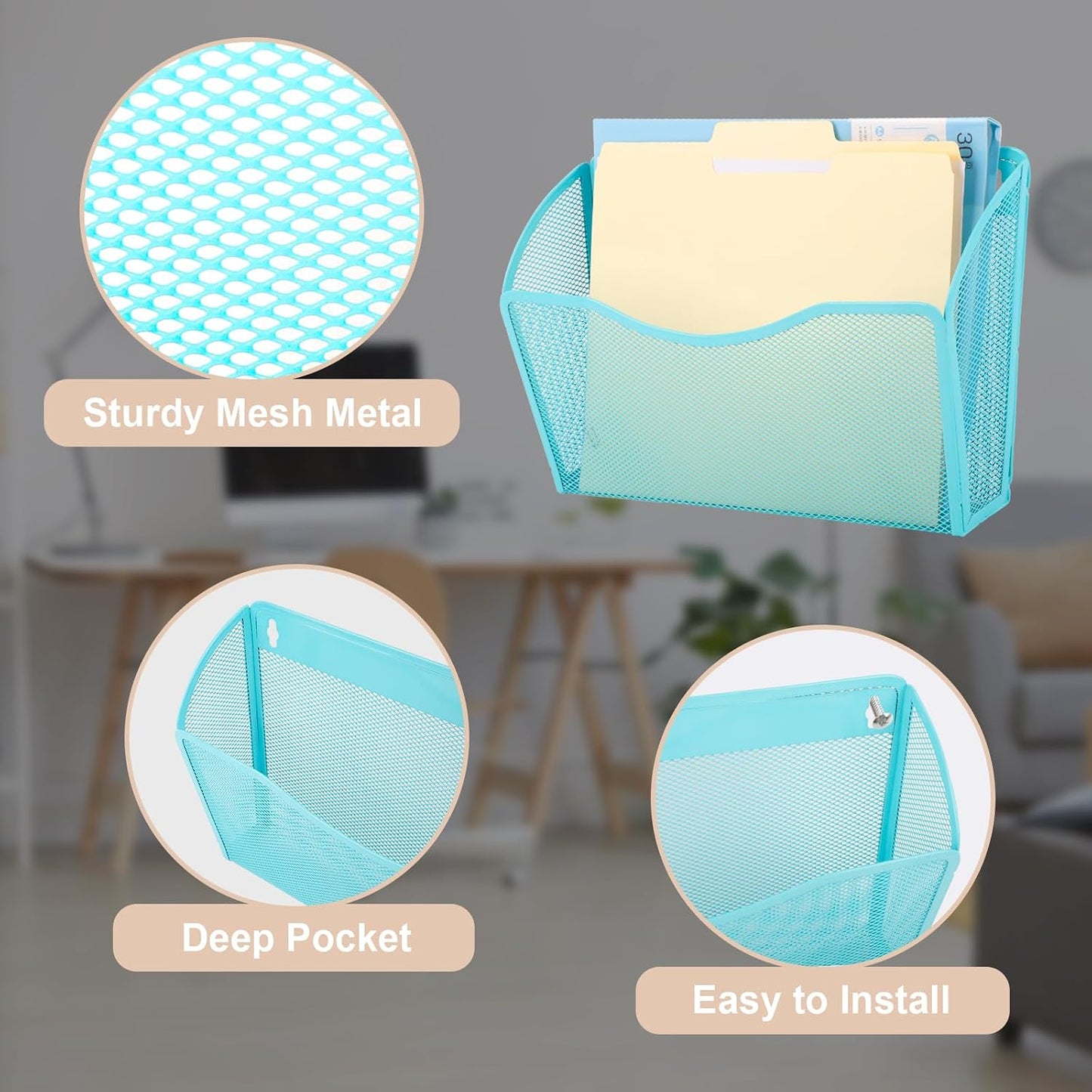 3 Single Pocket Mesh Hanging File Organizer, Vertical Wall Mounted Magazine File Holder, Mount Basket Mail Paper