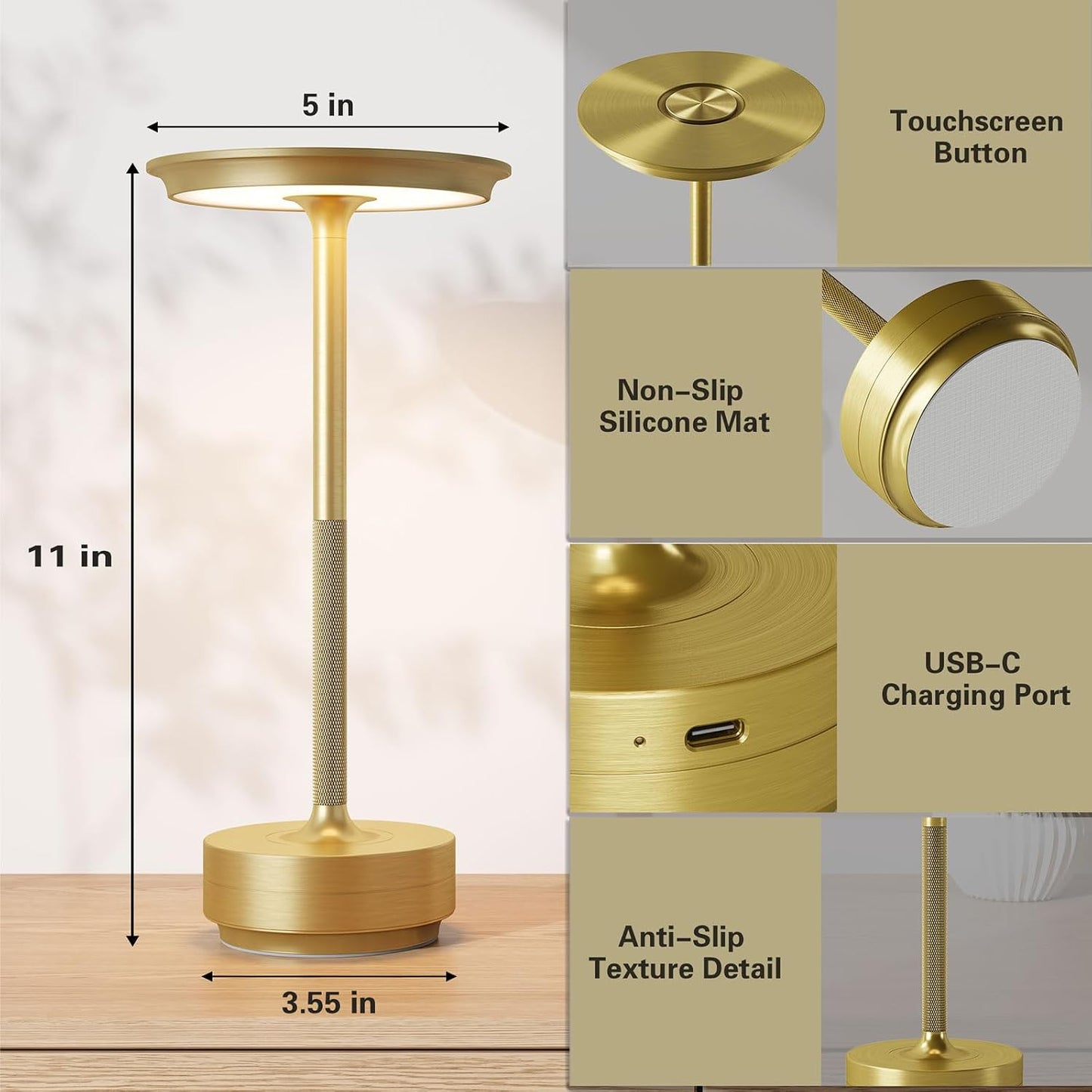 Cordless LED Table Lamp,Portable Rechargeable Battery Operated Table Lights | 3 Levels Brightness Dimming IP54