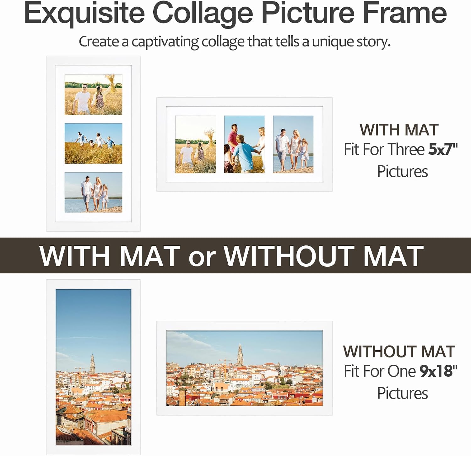Golden State Art 9x18 White Wood Frame - for Three 5x7 Pictures, 3 Pack | Matted to 3 5x7 Picture,Solid Wood Collage