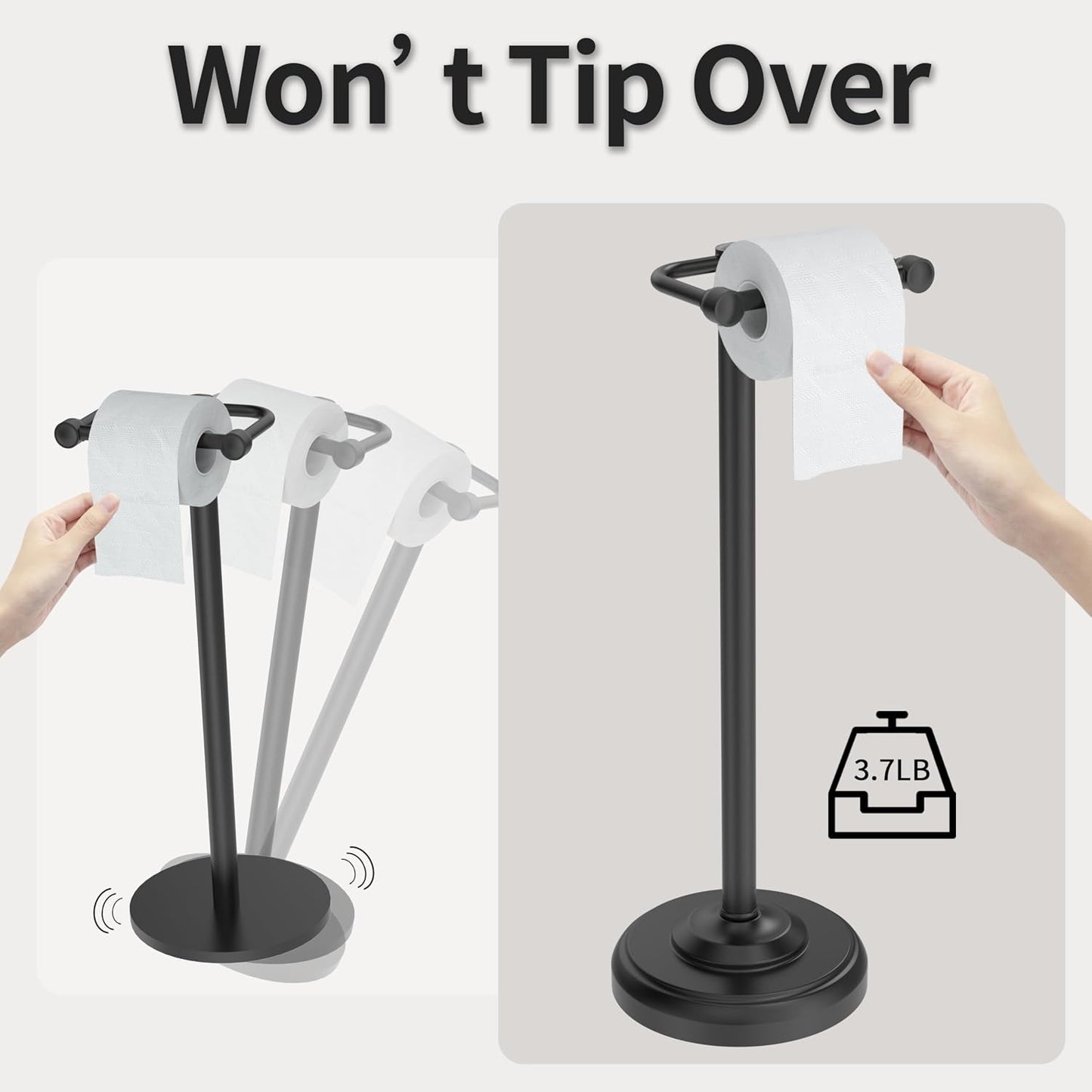 Toilet Paper Holder Stand, Matte Black Toilet Paper Holder Free Standing,Post Pivoting Design & Stable Weighted Base