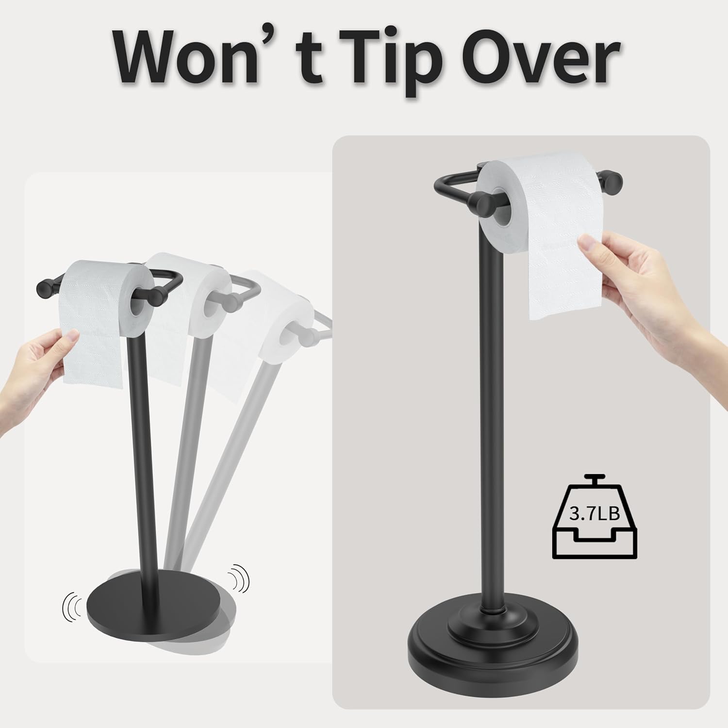 Toilet Paper Holder Stand, Matte Black Toilet Paper Holder Free Standing,Post Pivoting Design & Stable Weighted Base