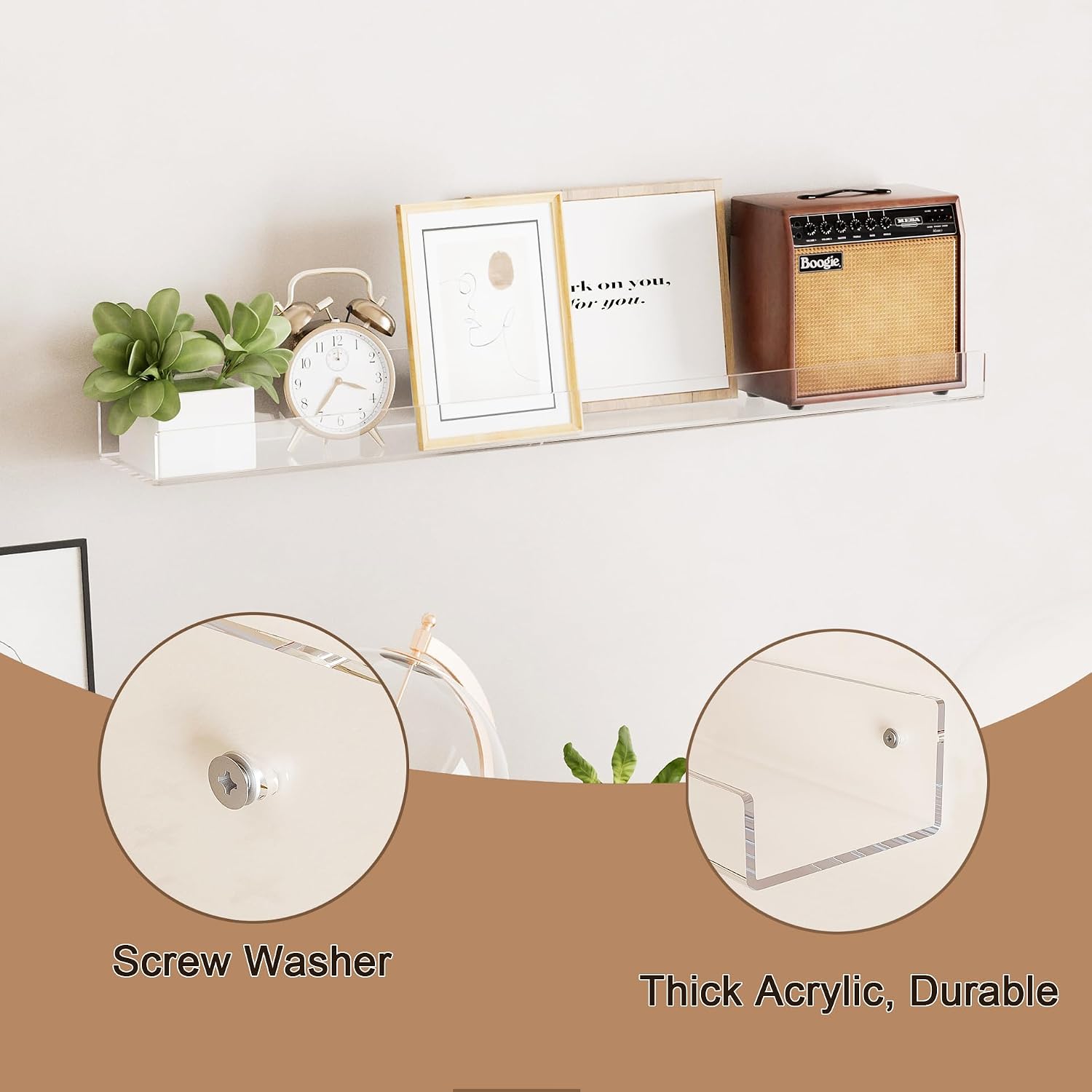 24'' Clear Acrylic Wall Long Shelf 2 Pack, Acrylic Floating Book Shelves, Wall Mounting Invisible Ledge Book Shelf