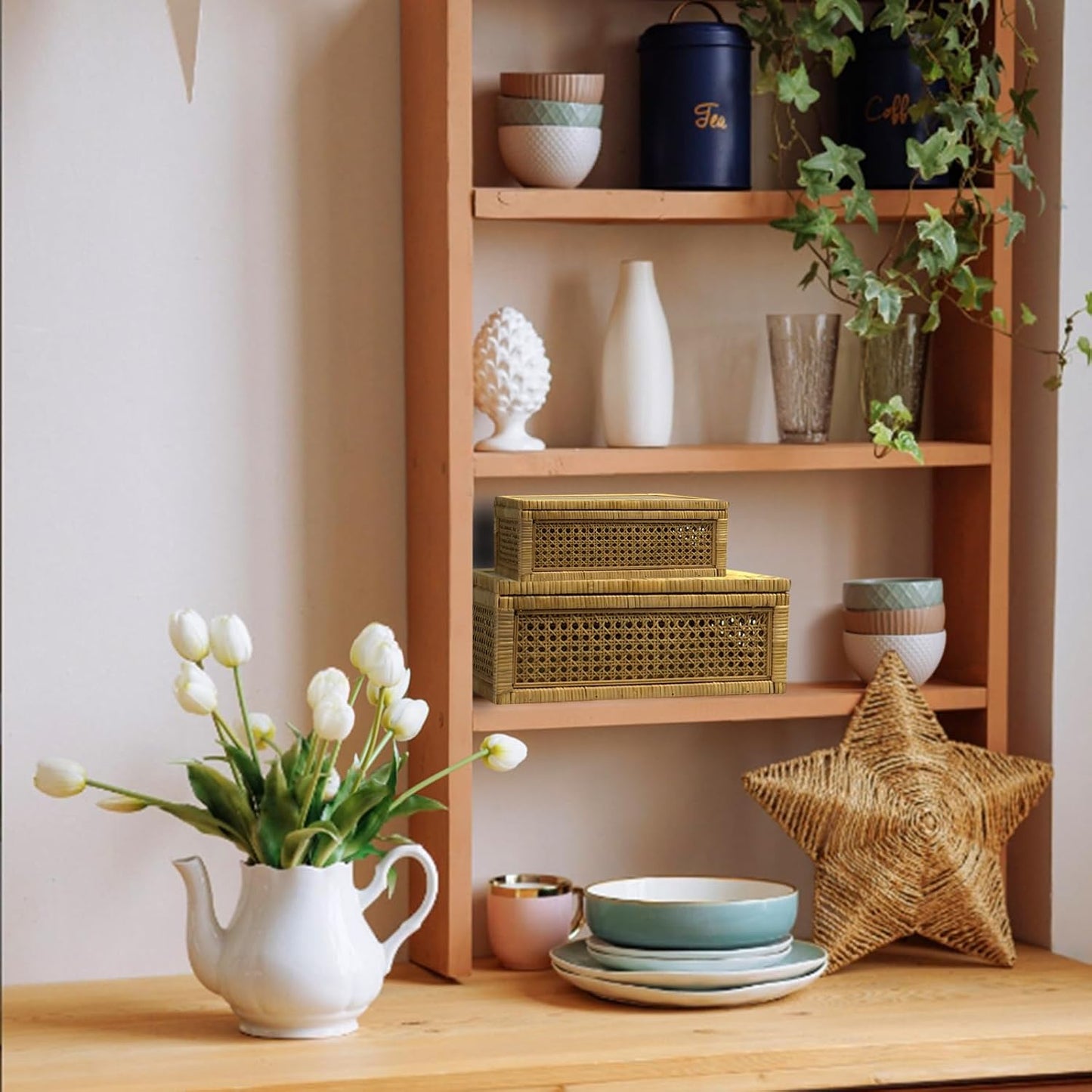Rattan Display Box / Rectangular Coastal Bohemian Style Stackable Decorative Storage Box Set