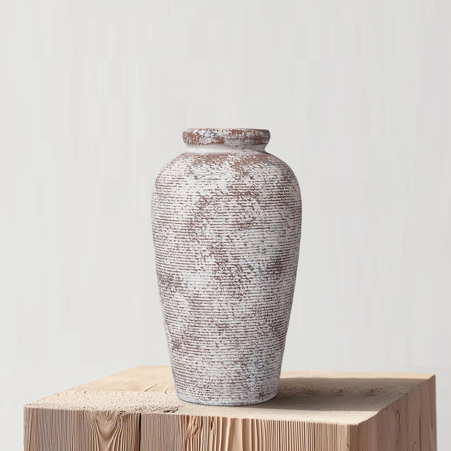 Rustic Farmhouse Vase / 11 Inch / Brown and White