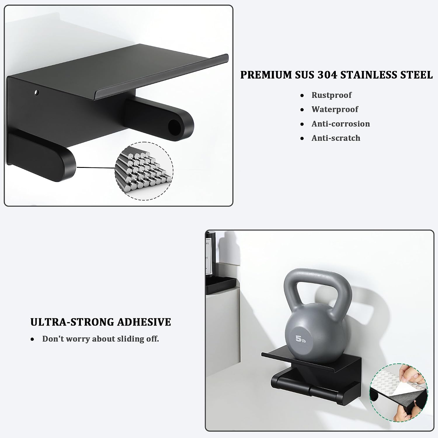 Alise Black Toilet Paper Holder with Shelf Wall Mount Adhesive or Drilling | SUS304 Stainless Steel Toilet Paper Roll