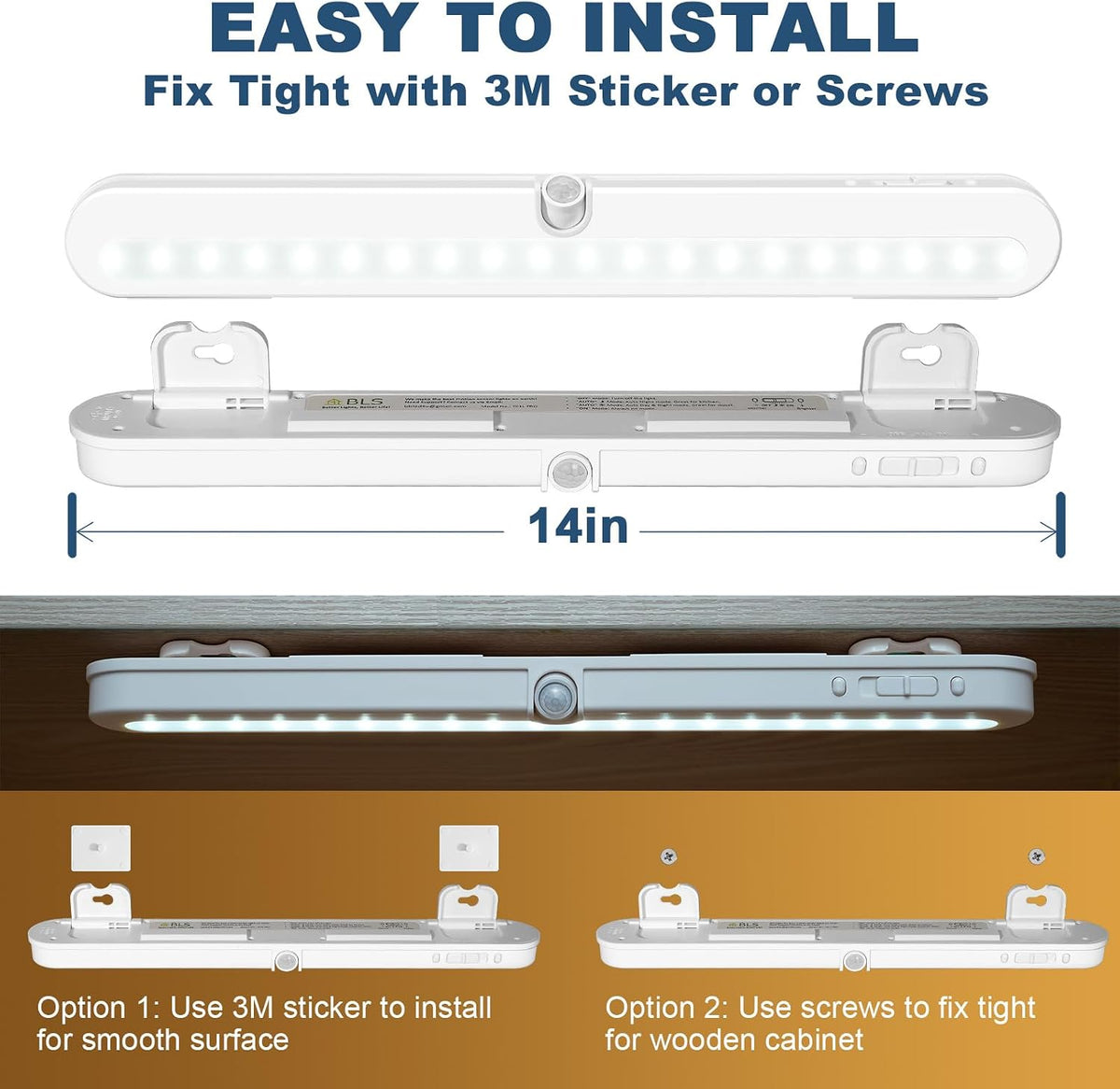 BLS Under Cabinet Lighting, 2200mah Rechargeable Closet Lights Motion Sensored, Battery Powered/DC Cable Plug in LED