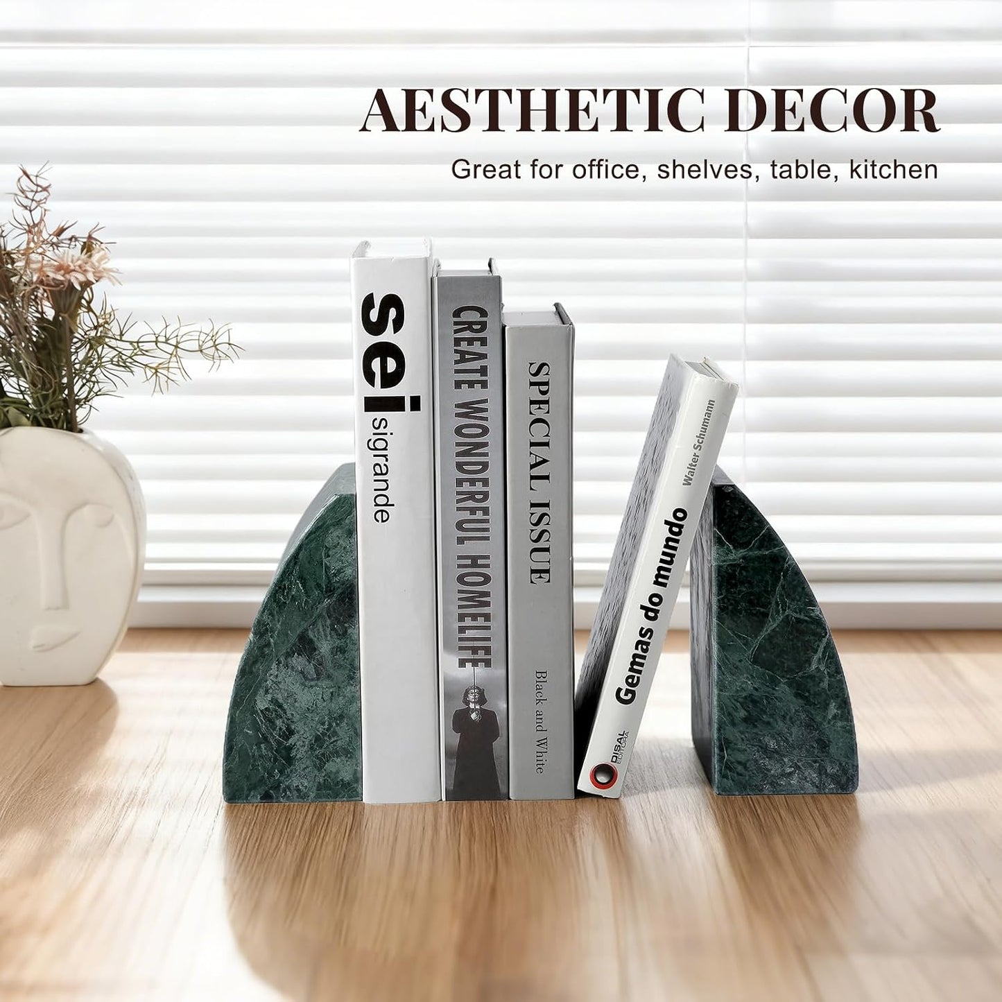 Marble Bookends / Non-Slip Heavy Duty Book Stopper / Sail-green