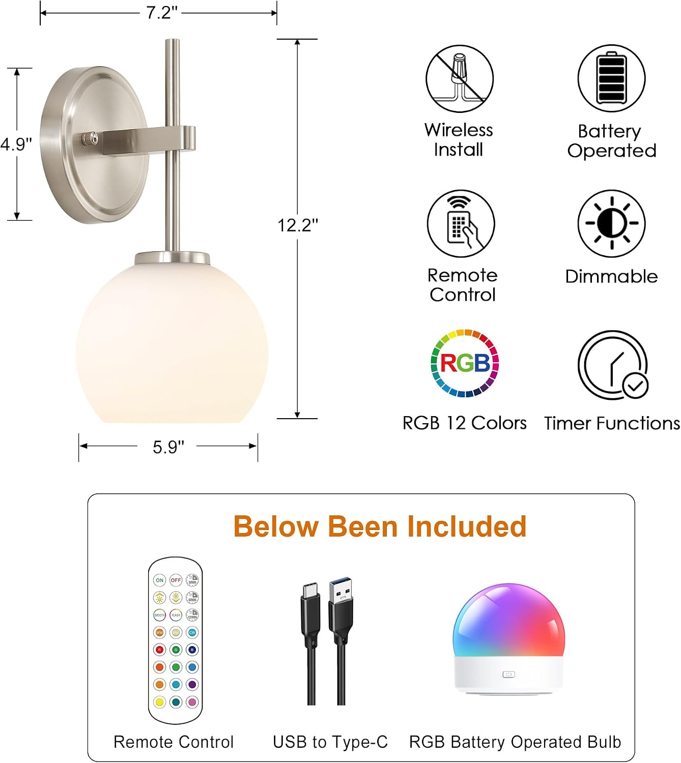 Brushed Nickel Battery Operated Wall Sconce Set of 2, Wireless Rechargeable Sconces Wall Lighting with Remote Control