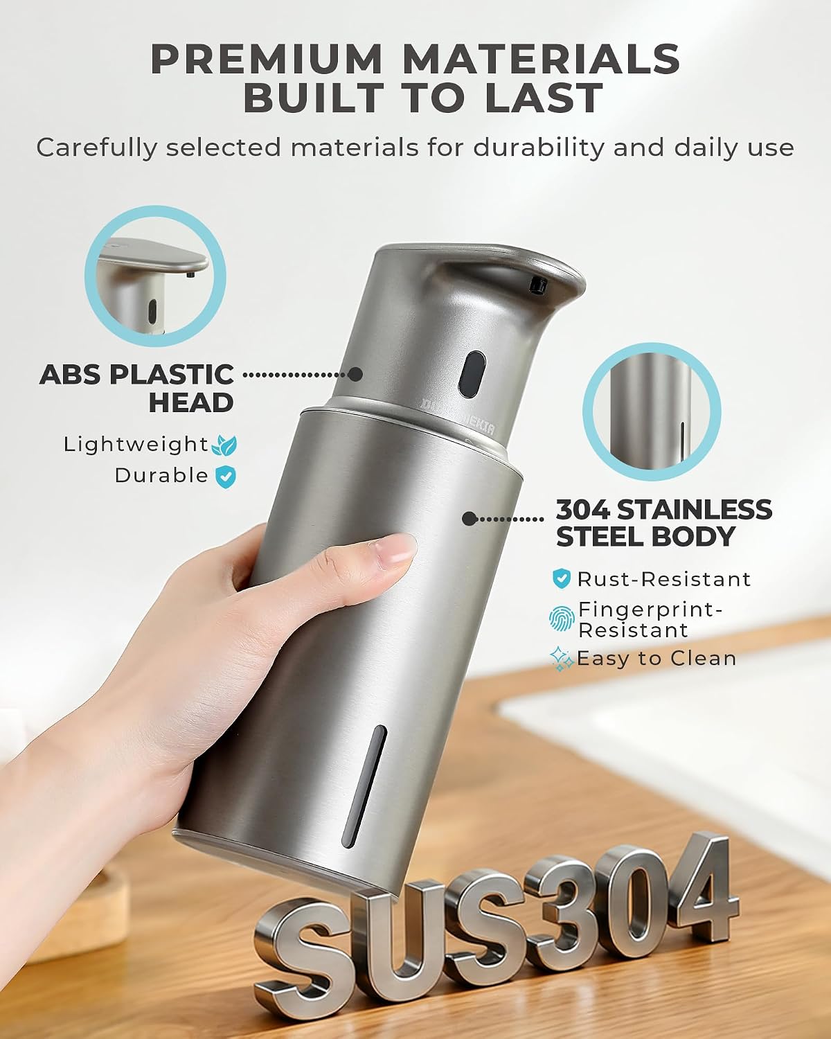 Automatic Liquid Soap Dispenser Touchless, 304 Stainless Steel Bottle Body | 16.2oz/480ml Rechargeable Dish Soap
