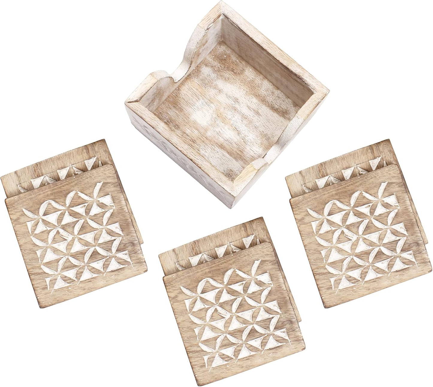 Holder Stand / Wooden Whitewash Coasters / Design4 / White / Set of 6