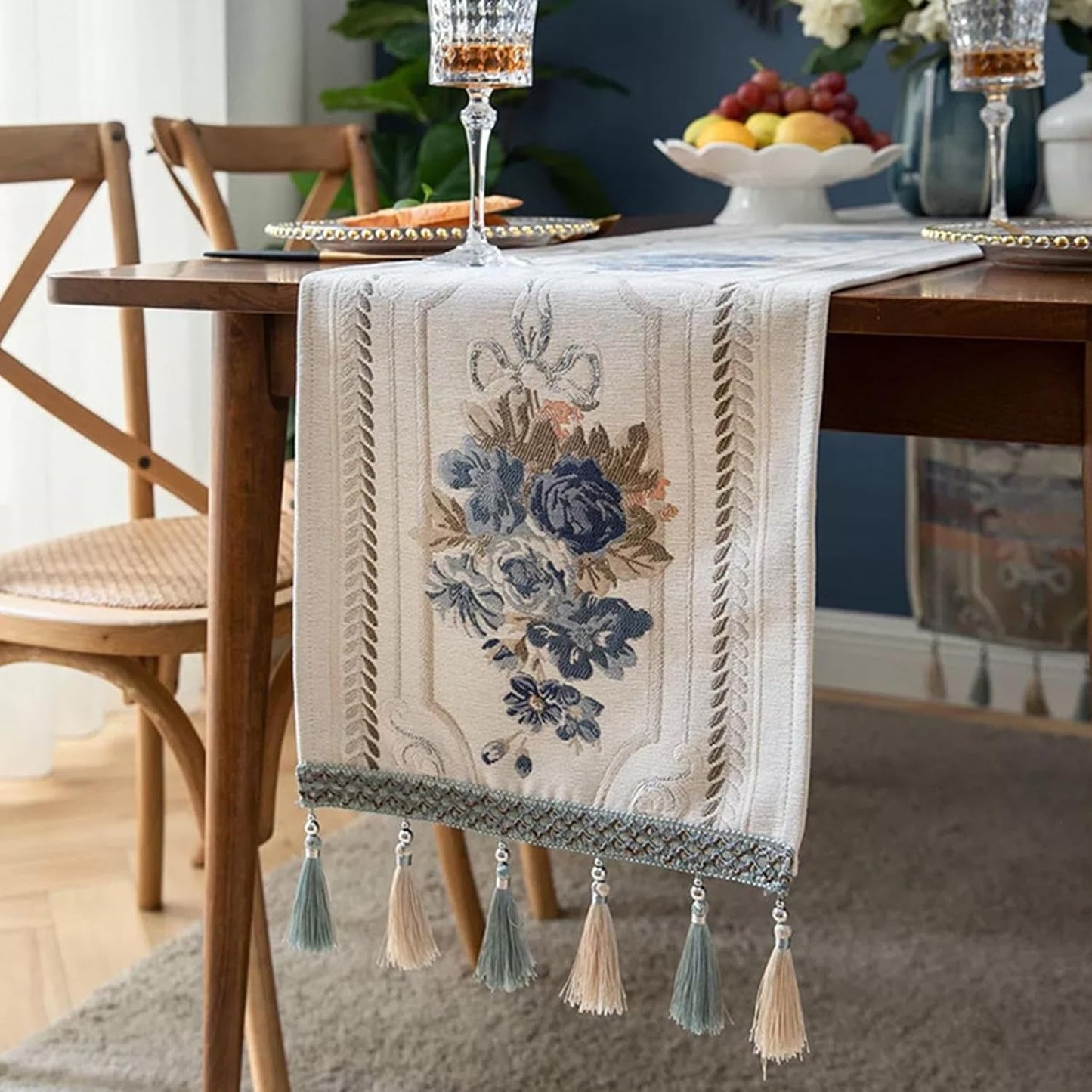 Embroidery Luxury Table Runner, Long White Dining Table Runner, Elegant Jacquard Dresser Scarf with Multi-Tassels for