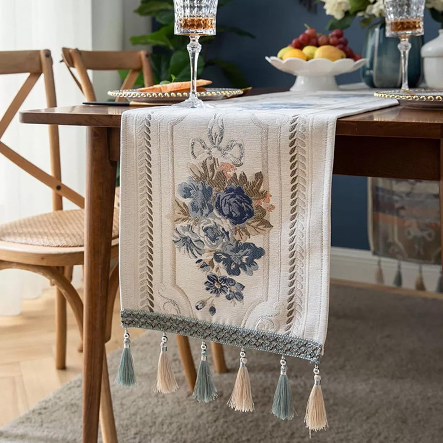 Embroidery Luxury Table Runner, Long White Dining Table Runner, Elegant Jacquard Dresser Scarf with Multi-Tassels for