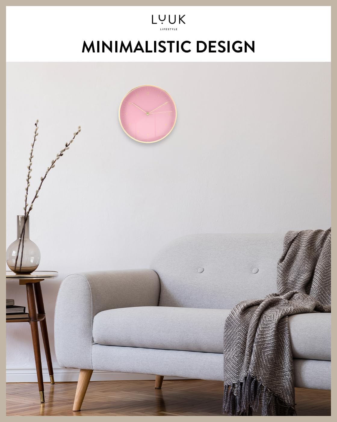 Modern Silent Quartz Wall Clock, 10in, Pink & Gold | Simple & Trendy, Gifting ideas, Analog, Easy-to-read, Battery
