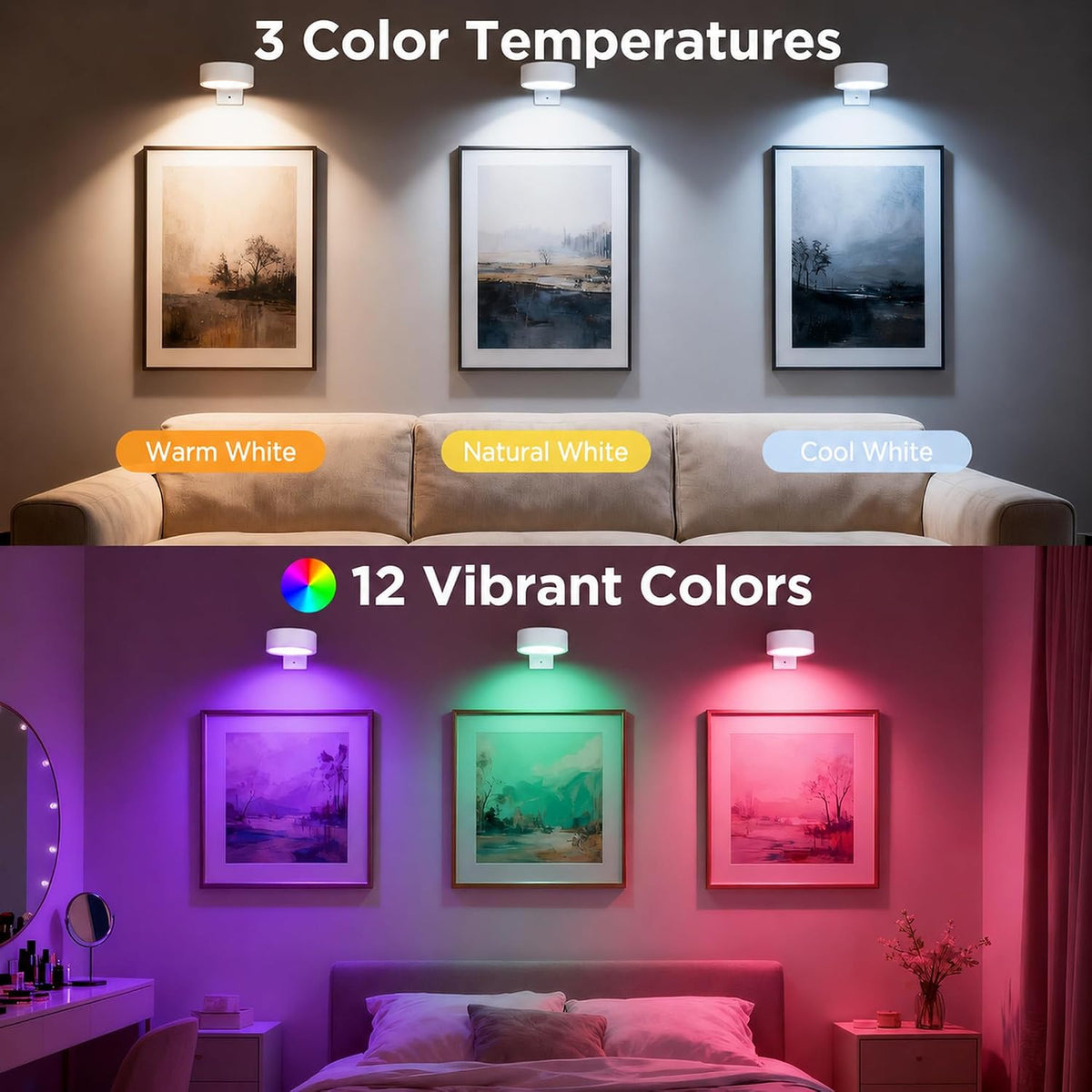 6-Pack Picture Lights for Wall, Rechargeable Wireless Poster Lights, White | LED Magnetic Painting Lights with