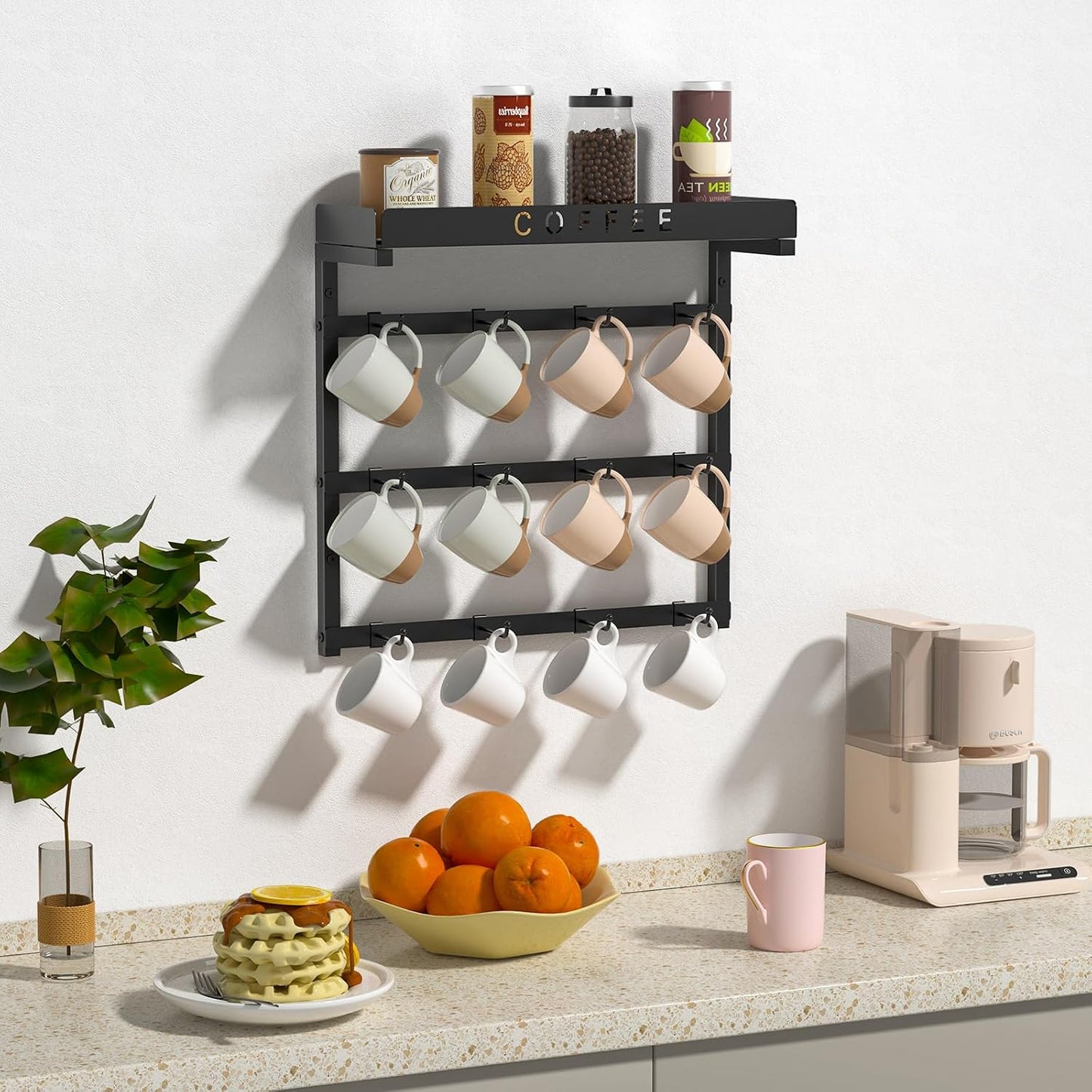 RCHYFEED Coffee Mug Holder Wall Mounted,Metal Mug Rack with 12 Movable Hook | Coffee Cup Holder with Large Storage