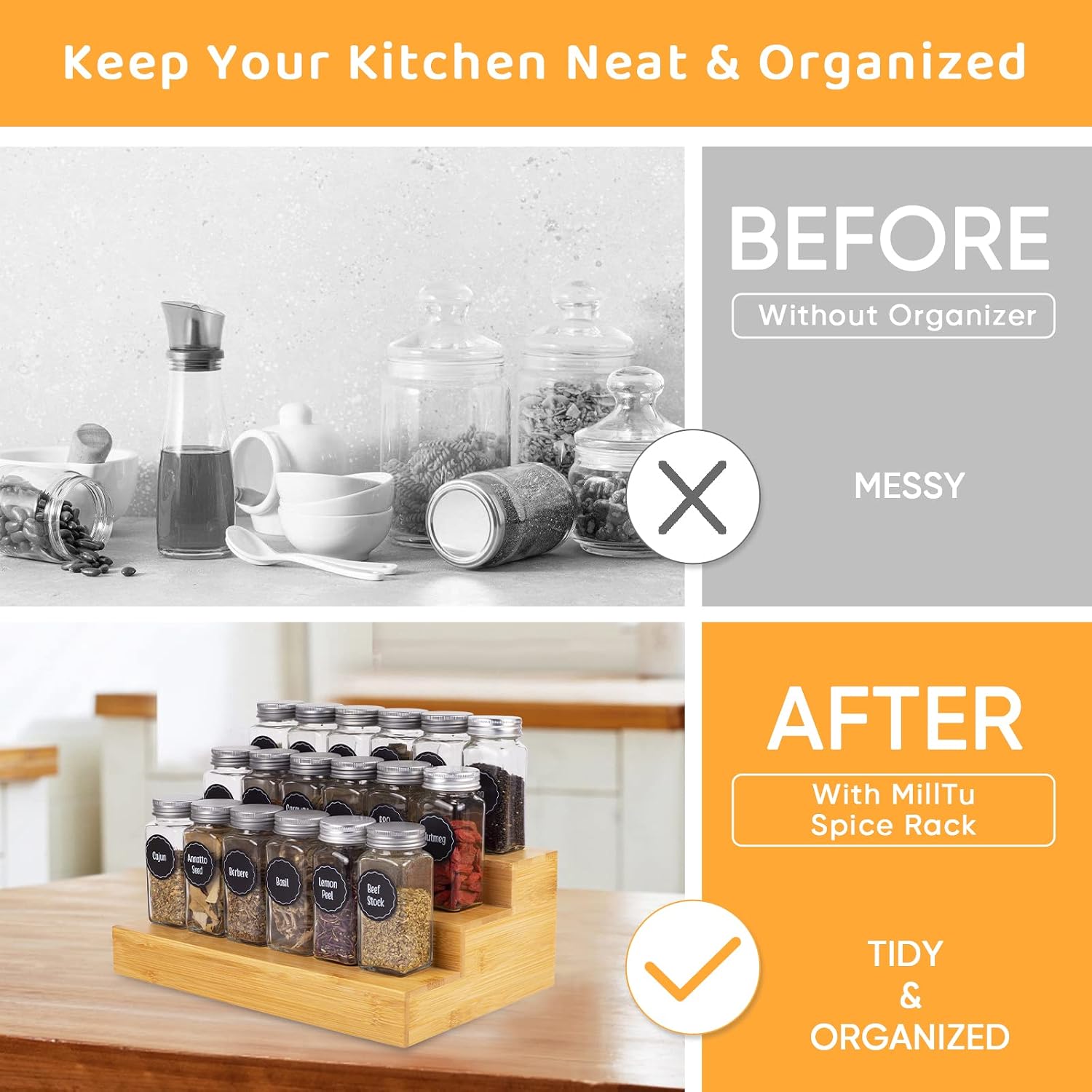 Bamboo Spice Rack Organizer for Cabinet 2 Pack - 3 Tier Countertop Step Shelf, Seasoning Storage Stand for Kitchen