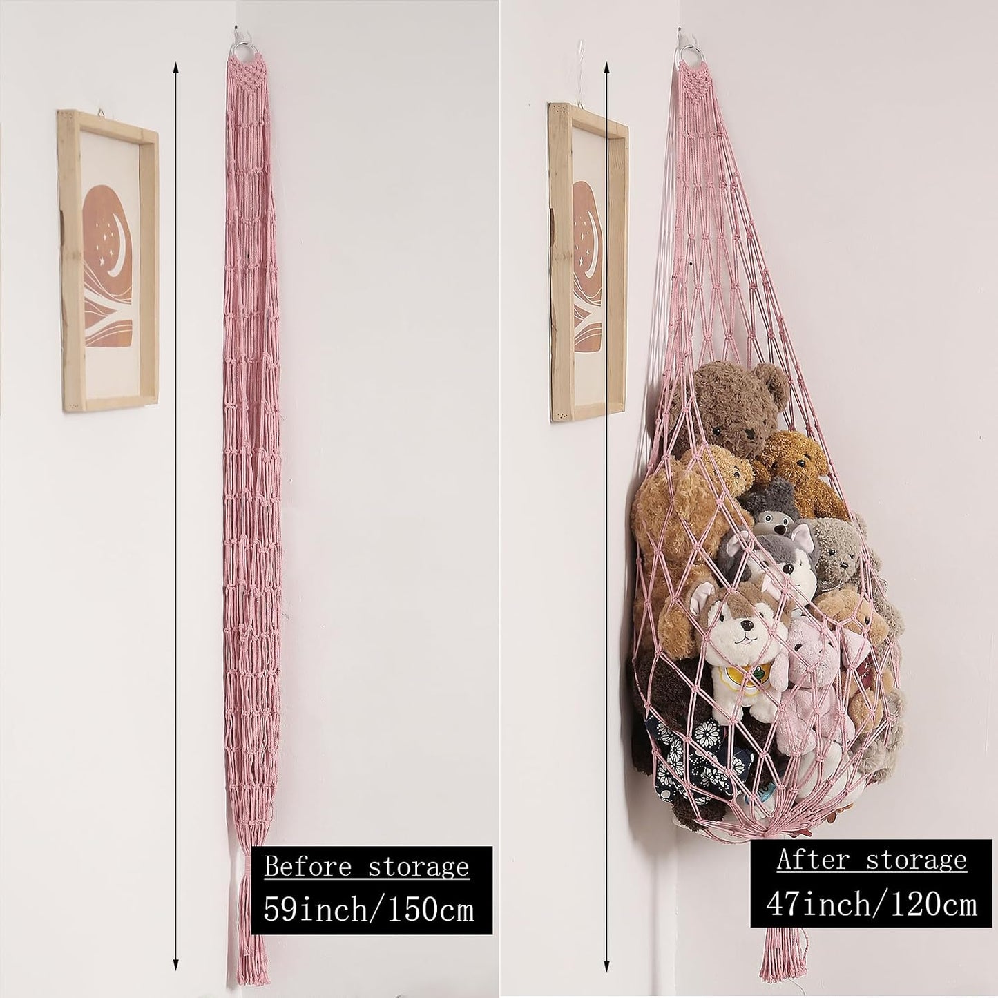 Stuffed Animal Hammock Corner Hanging Net for Stuff Animal Storage Macrame Toy / Light Pink / L
