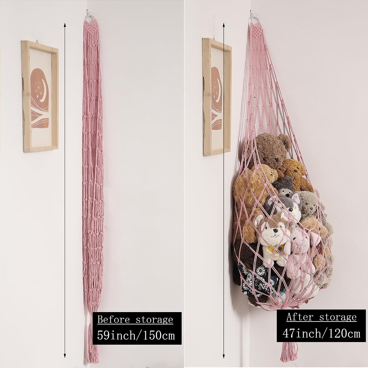 Stuffed Animal Hammock Corner Hanging Net for Stuff Animal Storage Macrame Toy / Light Pink / L