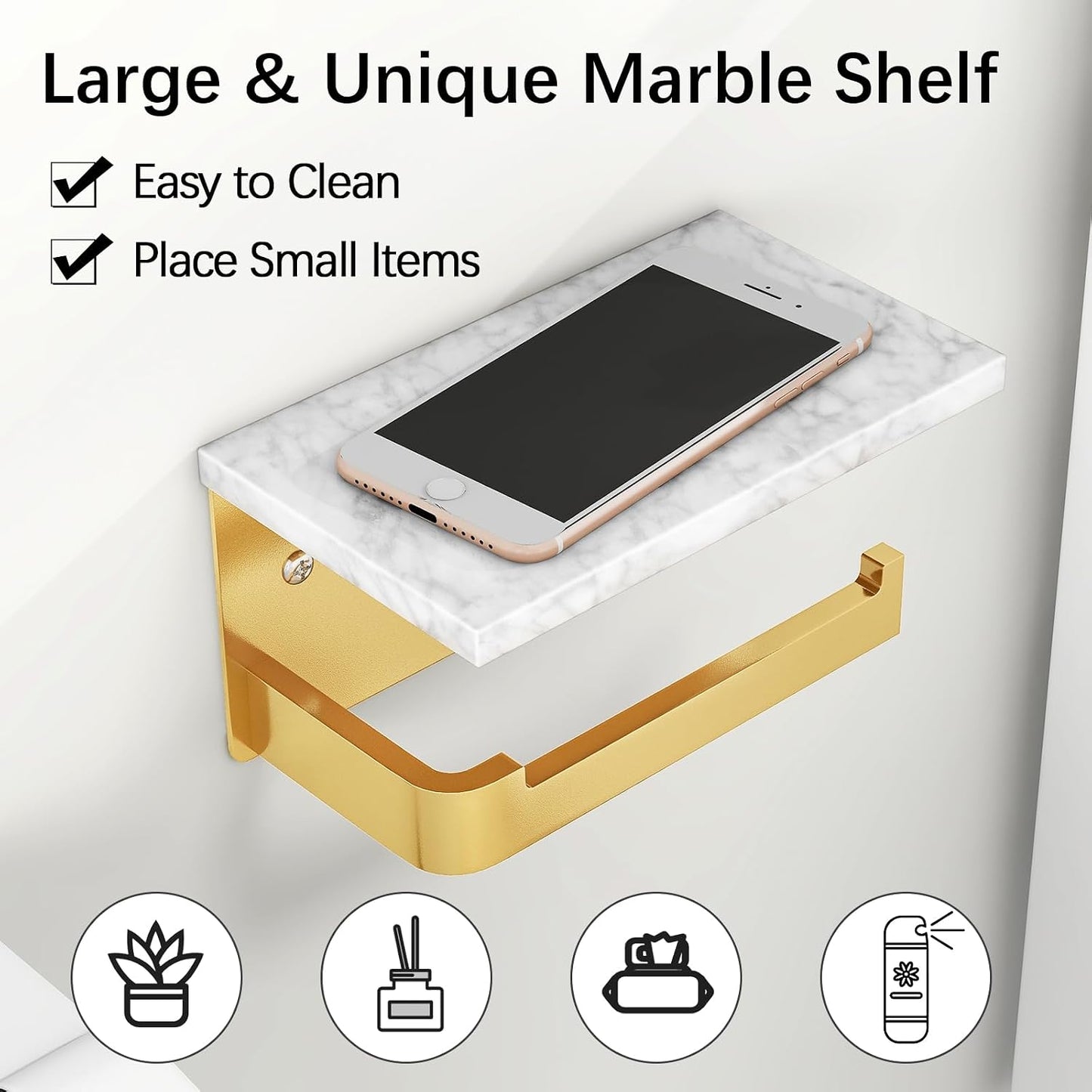 Gypie Toilet Paper Holder with Marble Shelf, Wall Mounted Gold | Toilet Roll Holder for Bathroom Washroom, Extended Base