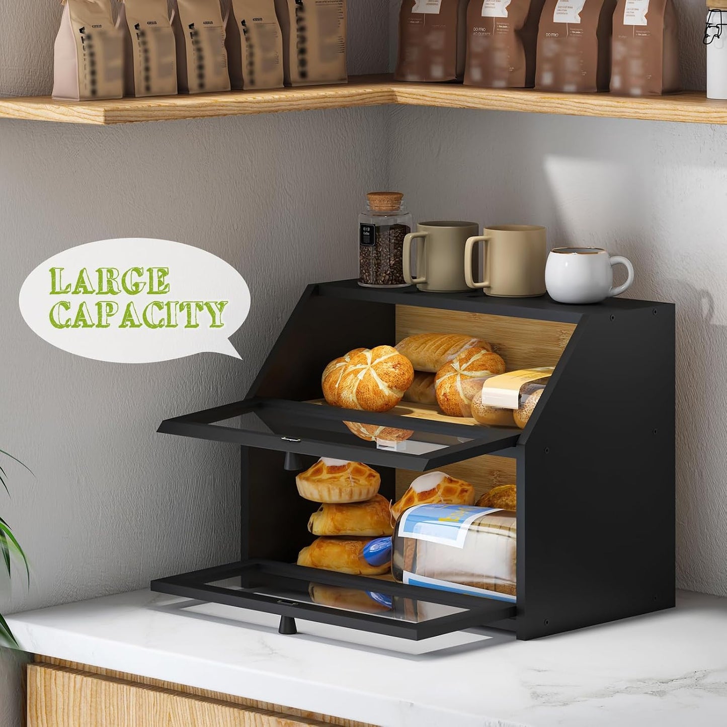 BMOSU Farmhouse Bread Box for Kitchen Countertop Bread box Double Layer Bamboo Wooden Extra Large Capacity Bin Kitchen