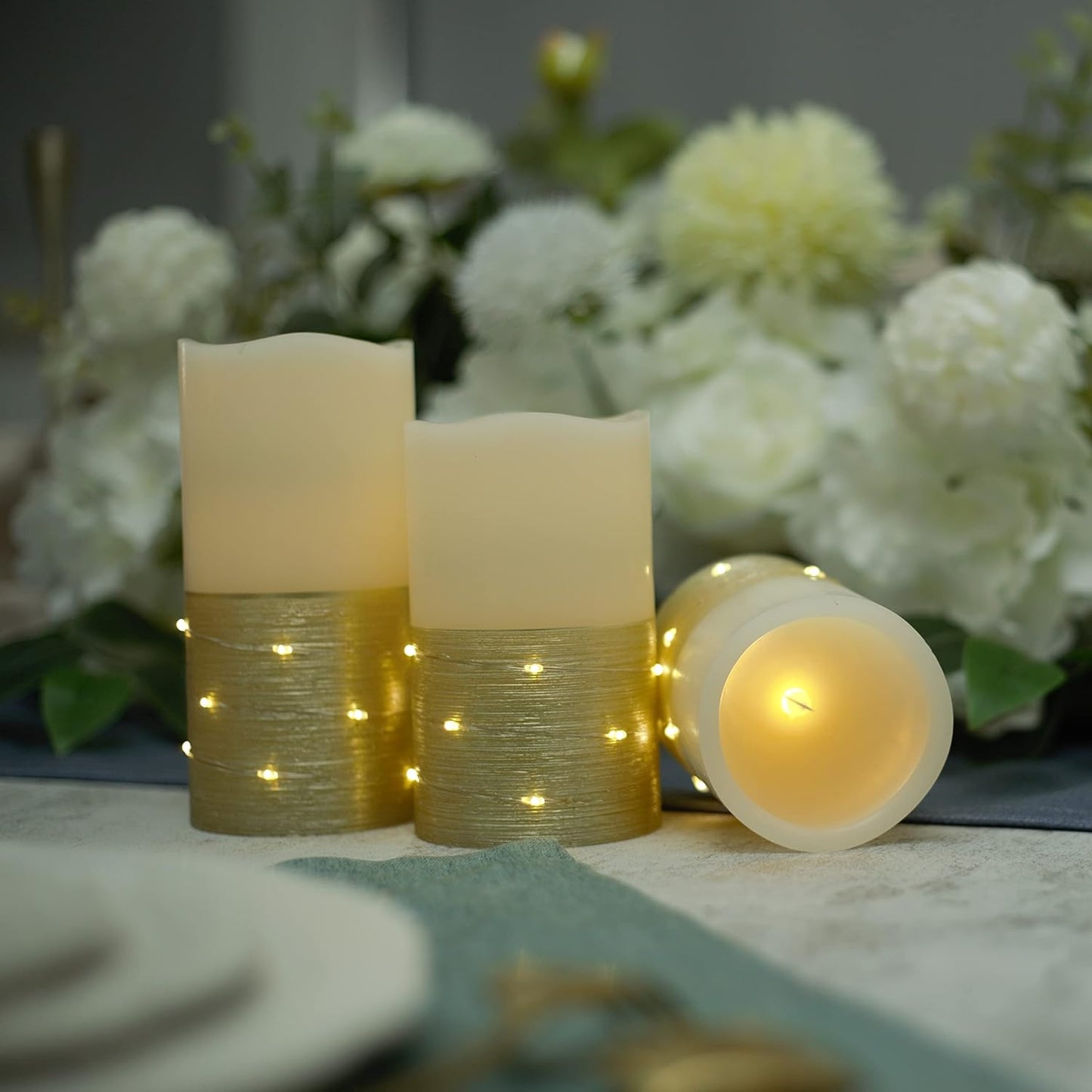 H-BLOSSOM Flickering Flameless Candles Ivory Real Wax Pillar with Embedded String Lights LED Candles Battery Operated