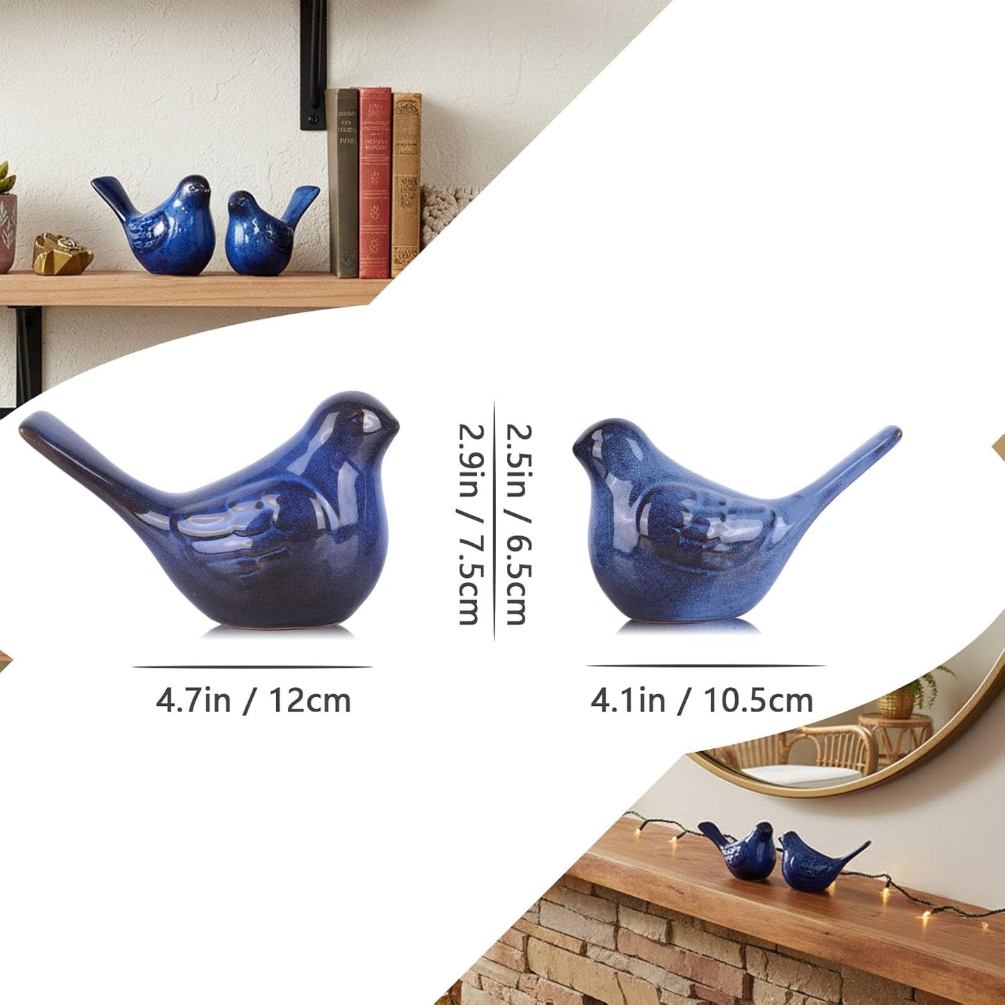 Small Ceramic Bird Statue and Sculpture / Blue / Set of 2