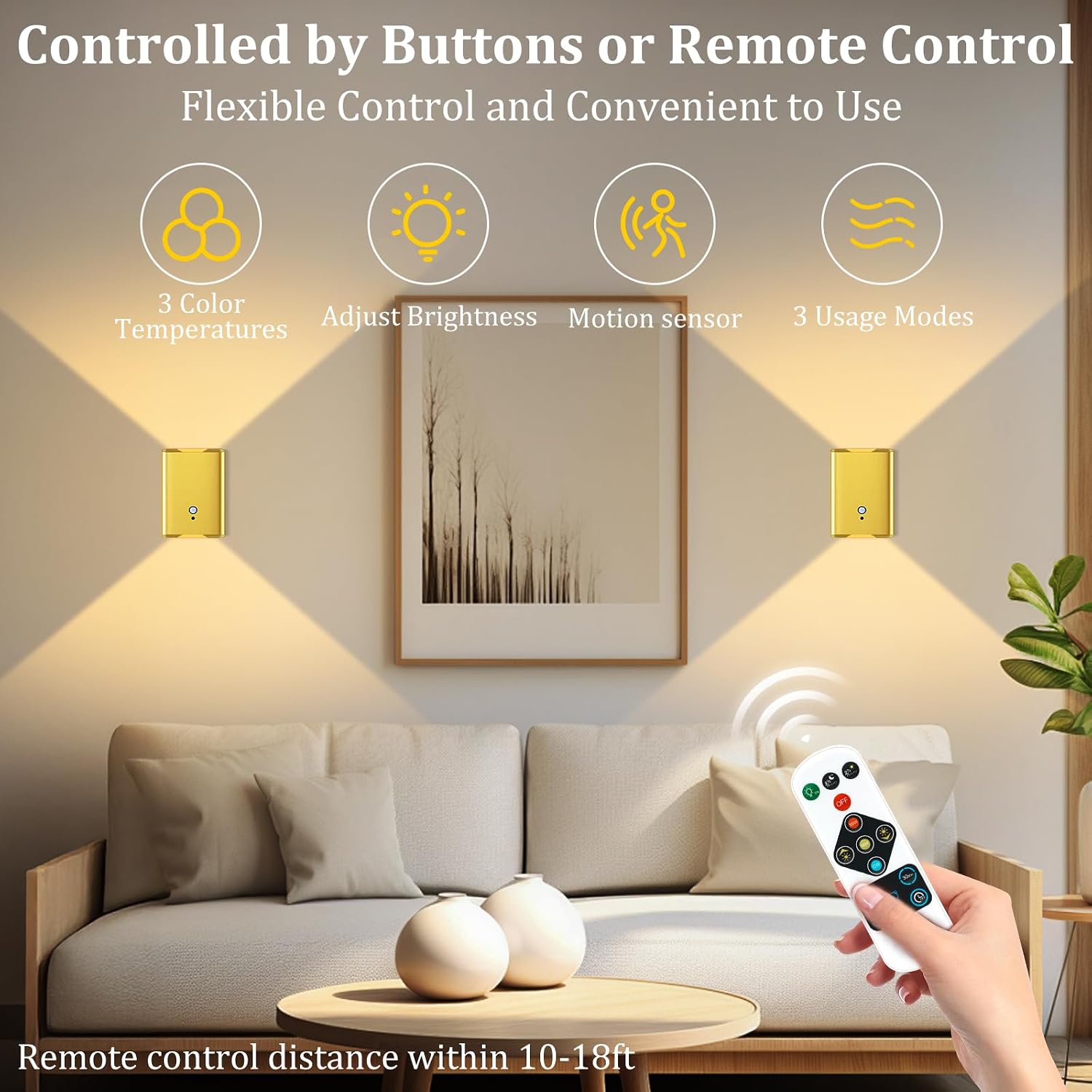 Eneru Motion Sensor Wall Sconce, Rechargeable Wireless Lights Indoor 2 Pack | 5000mAh Battery Powered, Remote 3CCT