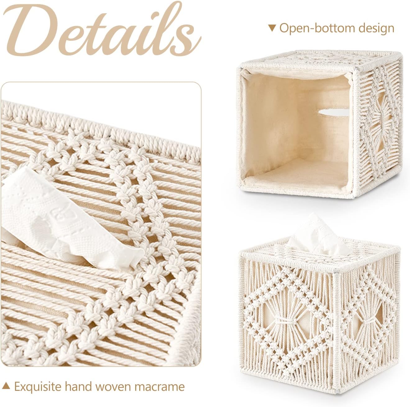 Tissue Box Cover Macrame Square Open-Bottom Tissue Box Holder Boho Decor Tissue Organizer / Ivory
