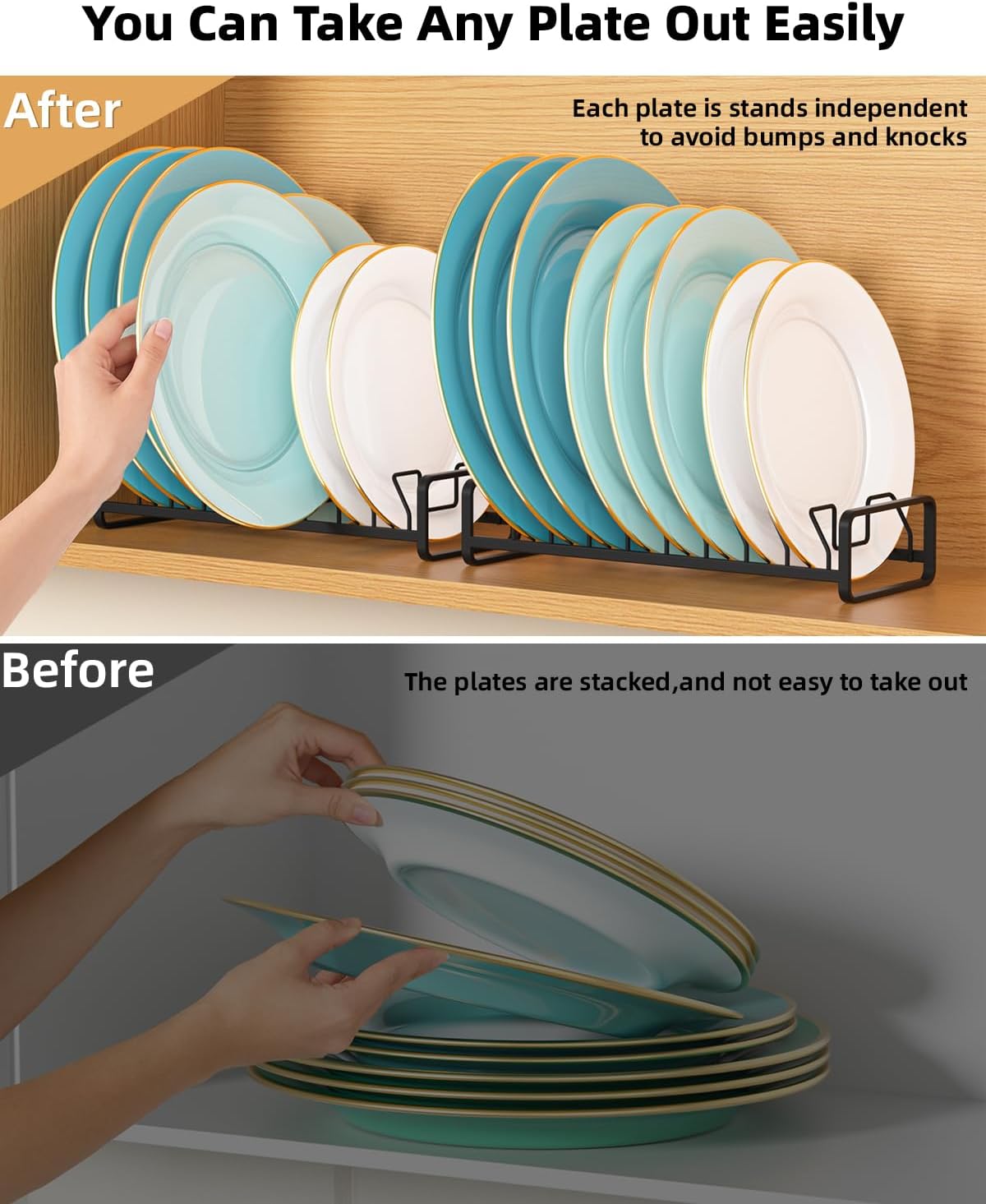 Plate Organizer for Cabinet -2Pack,Dish Rack Organizer for Cabinet Kitchen Countertop Drawer Space Saver，8 Slots