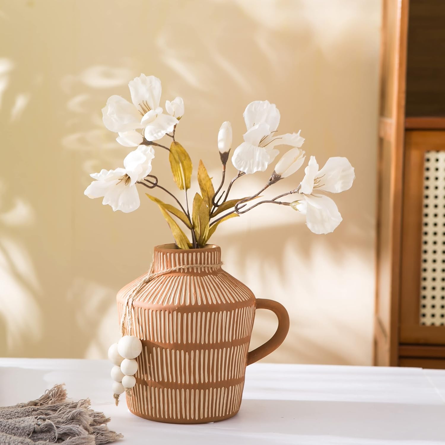 Rustic Farmhouse Vase / Yellow - Wooden Beads