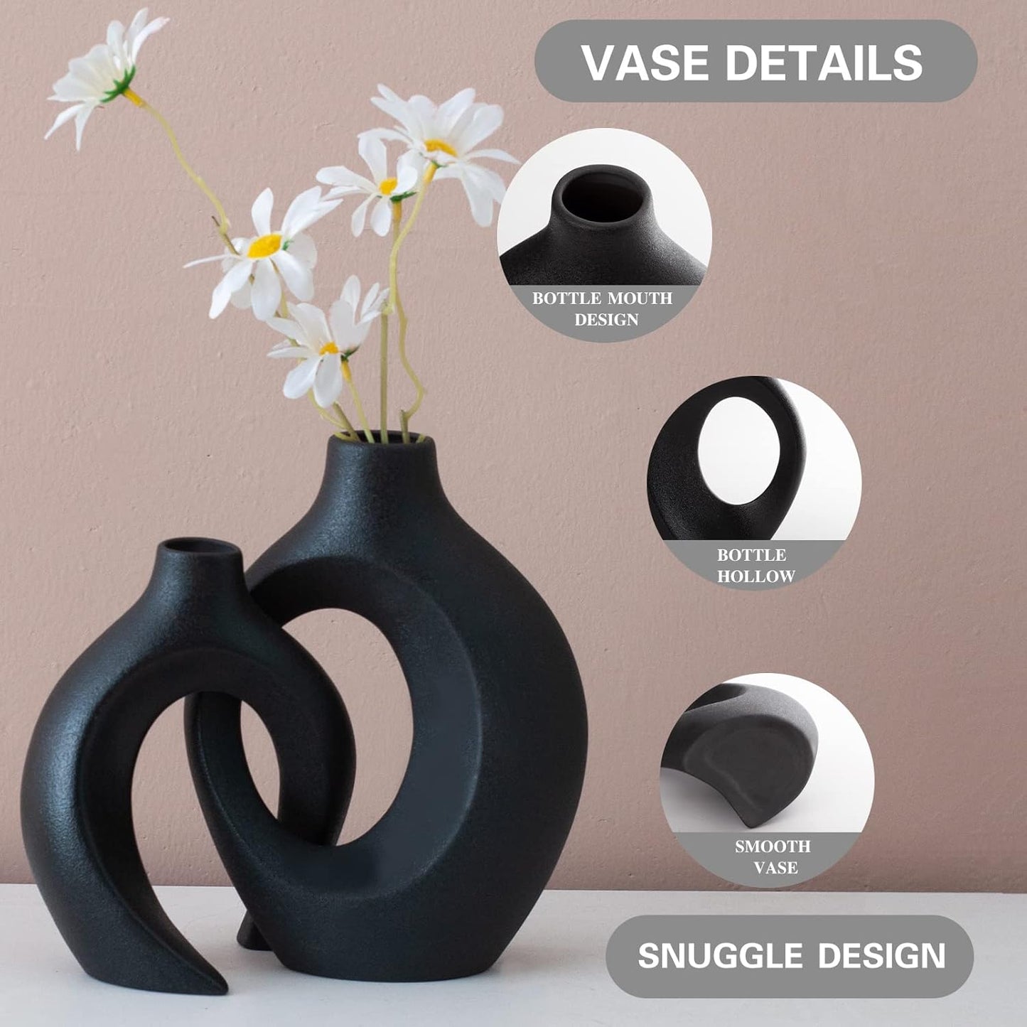 Ceramic Black Small Flower Vase / Large-matte Black / Set of 2