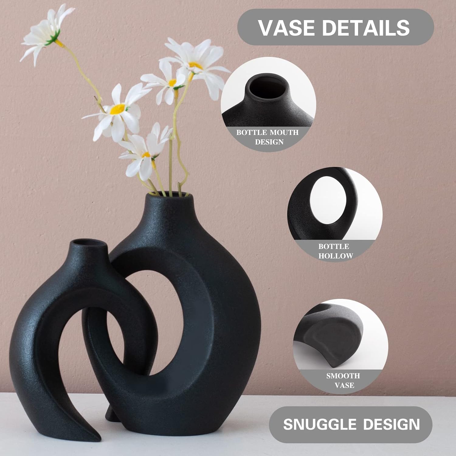 Ceramic Black Small Flower Vase / Large-matte Black / Set of 2