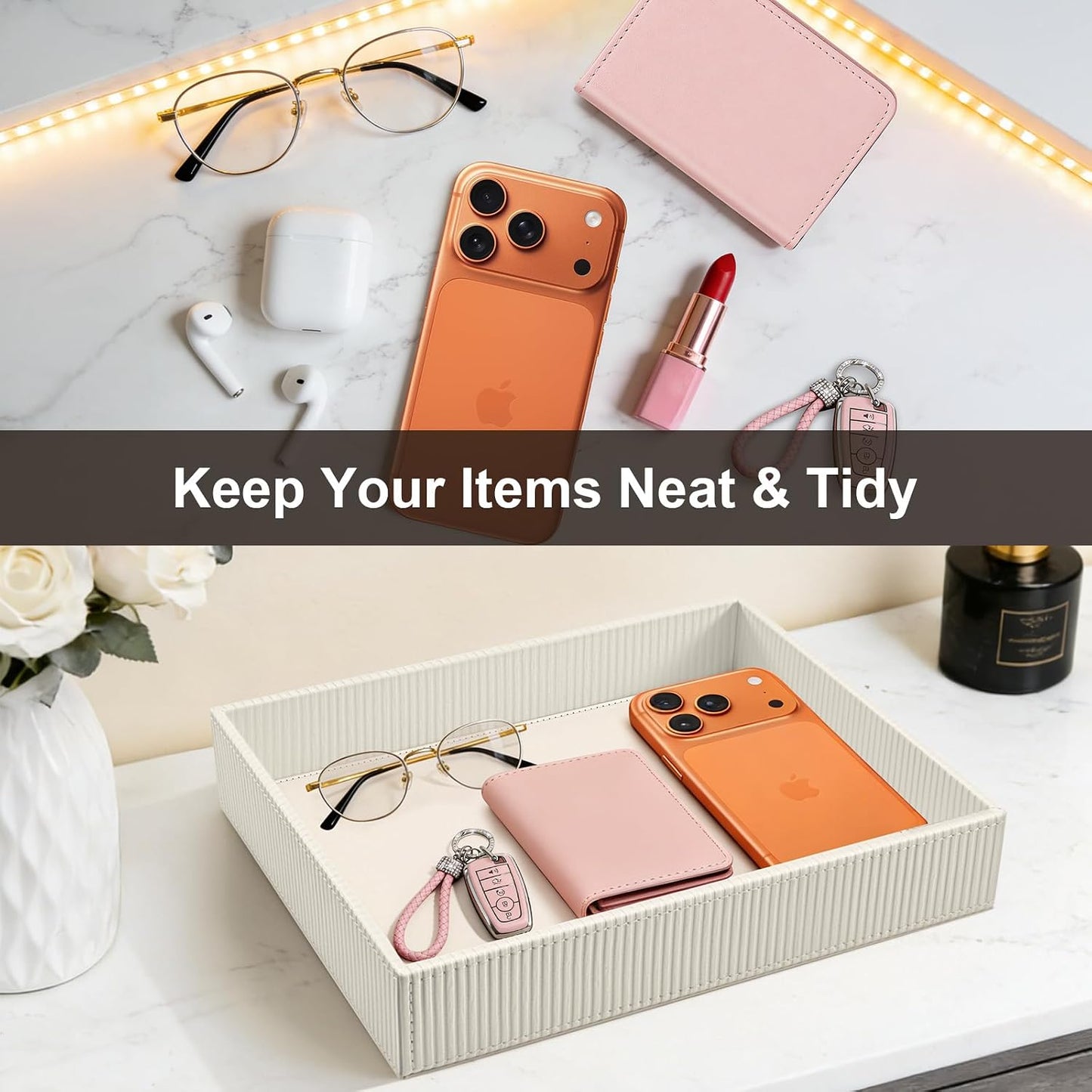 Valet Tray Desk Organizer / Stripe Pearl White