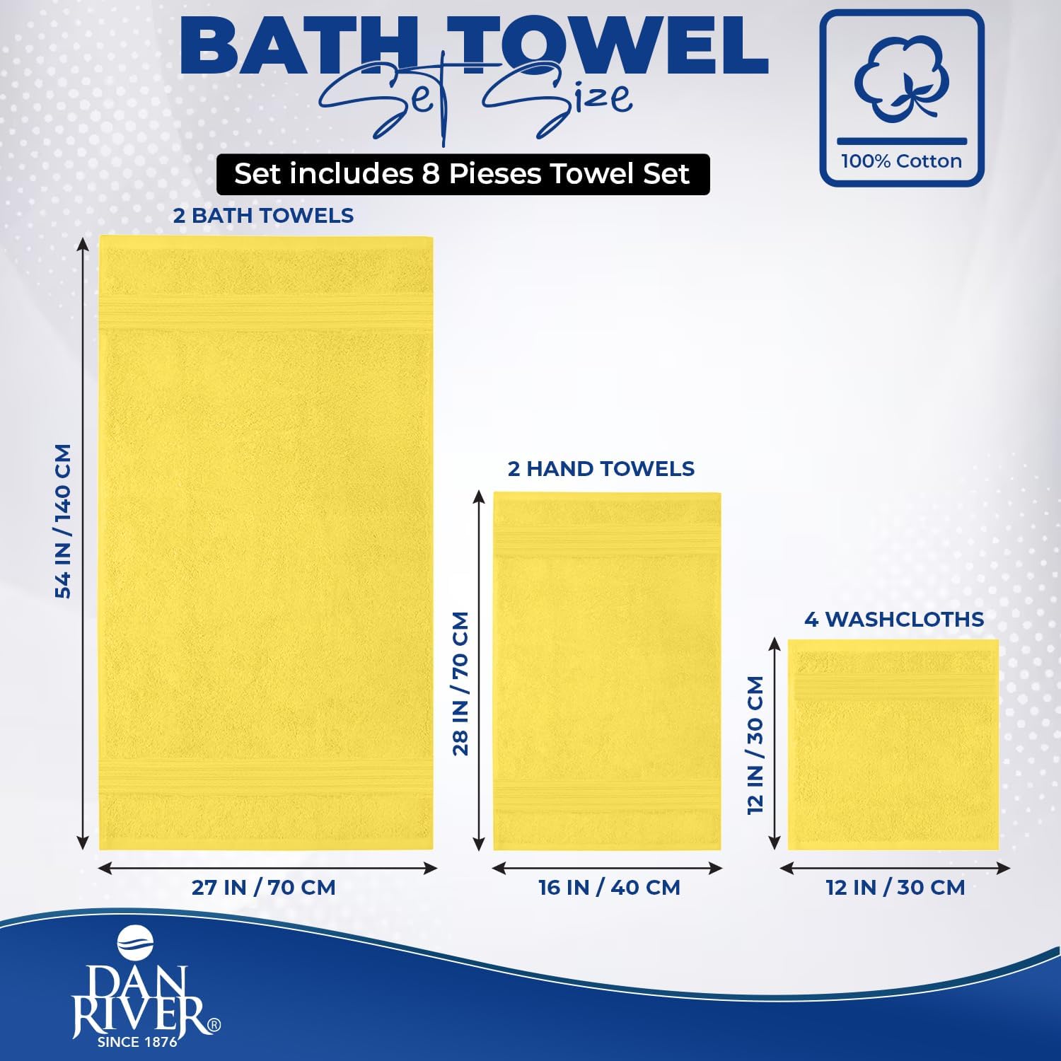DAN River 8 Piece Luxury Bath Towels for Bathroom, Towel Set, Yellow | 2 Bath towels, 2 Hand towels, and 4 Wash Cloths