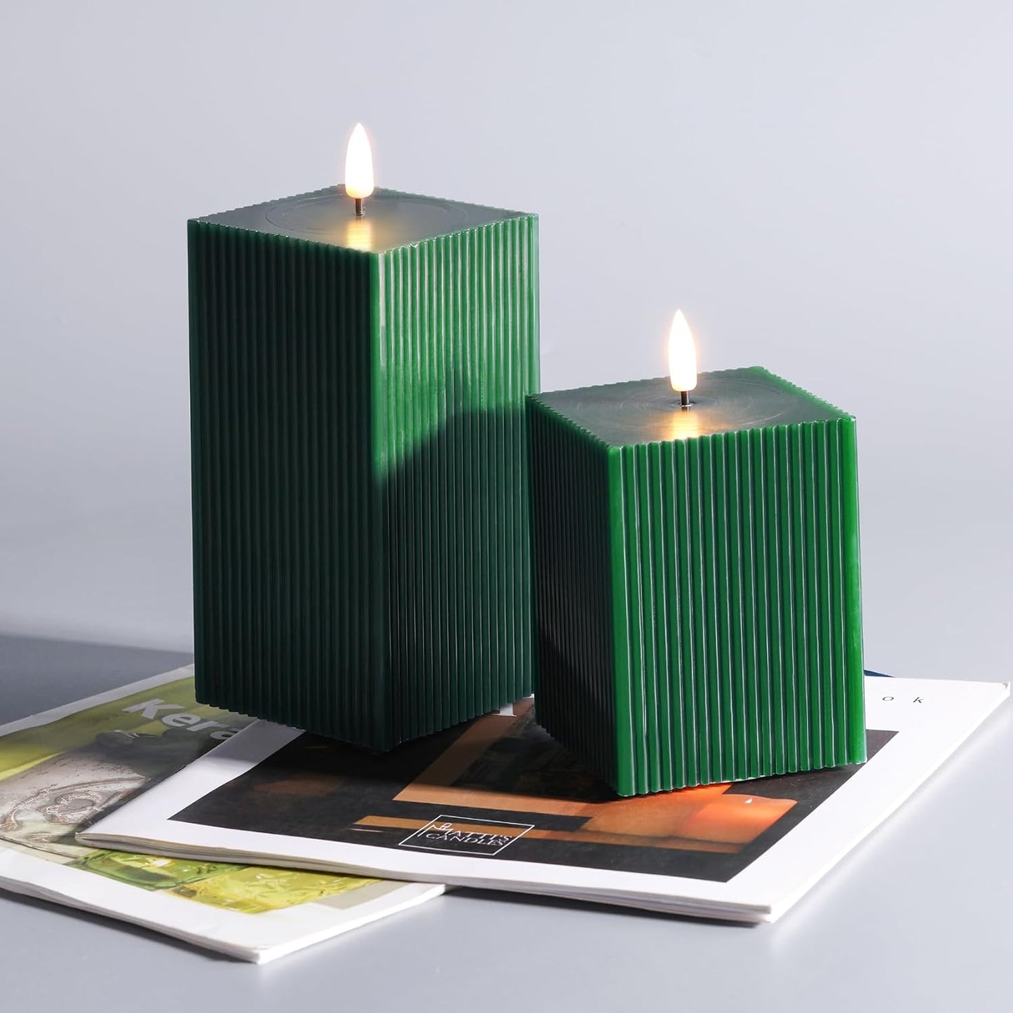 Dark Ribbed Flameless Candles / Green / Set of 2