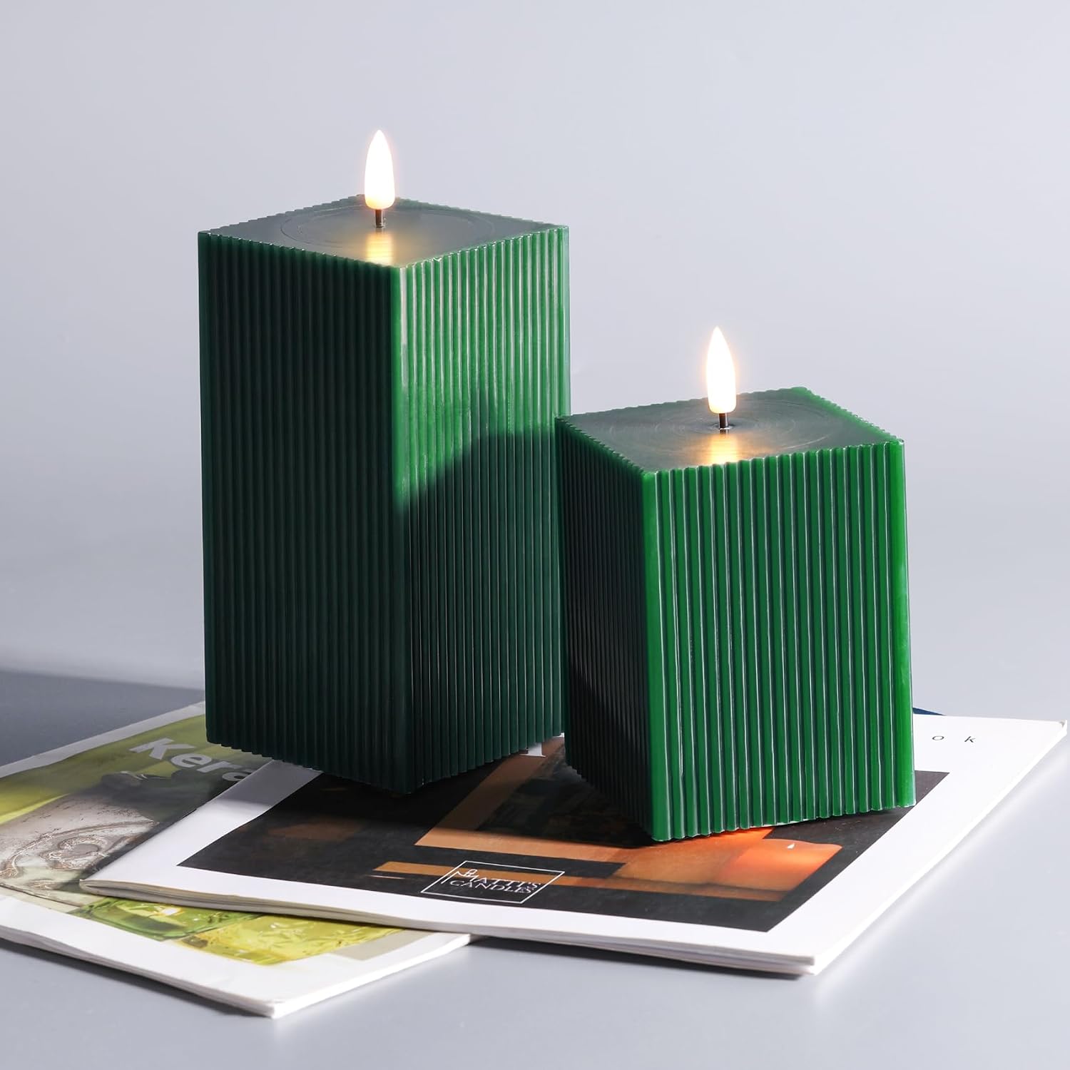 Dark Ribbed Flameless Candles / Green / Set of 2