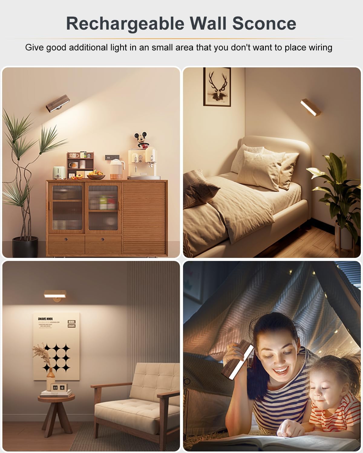DetarZinLED Wooden Wall Sconce Battery Operated with Remote,Rechargeable Wall Lights for Bedroom with 3 Color