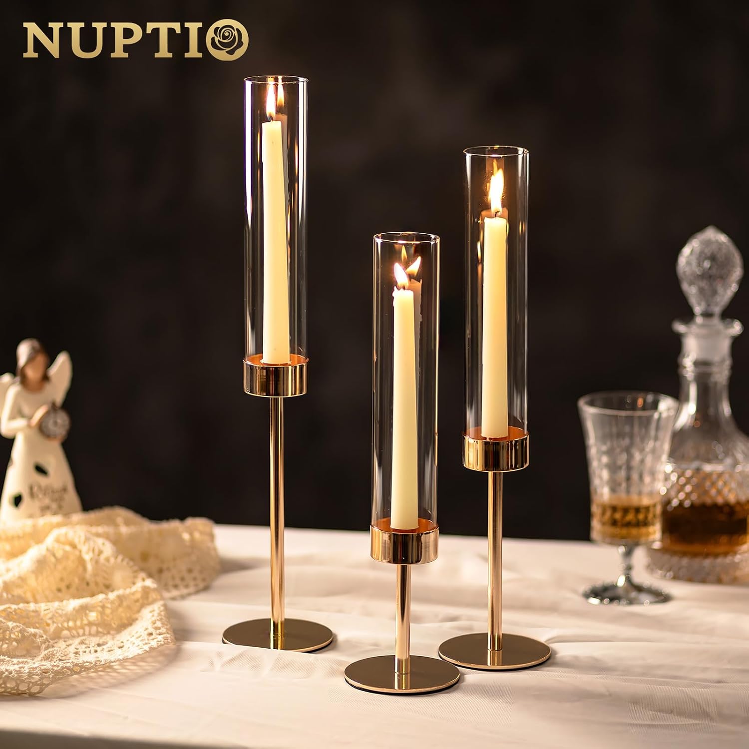 NUPTIO Hurricane Candle Holder for Candlestick, 6 Pcs Gold Candle Holders | Tall Taper Candle Holder with Cylinder