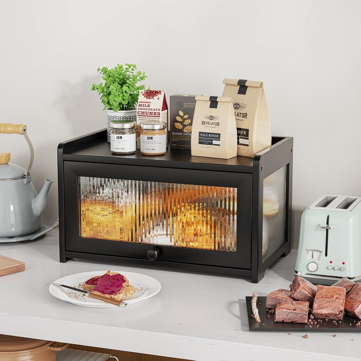 BAMBANG Bamboo Bread Box for Kitchen Countertop, Extra Large Farmhouse Bread Box with 4-Side Clear Panels, Wooden Bread