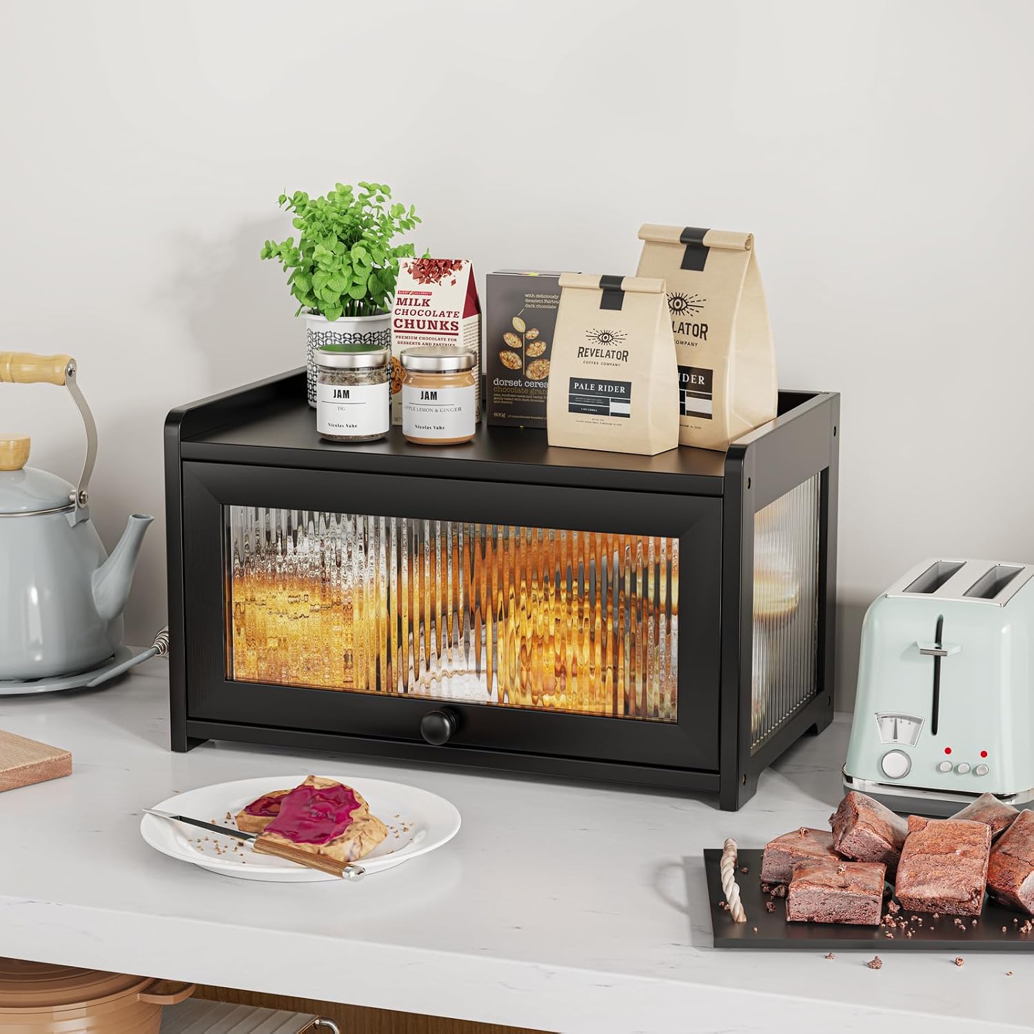 BAMBANG Bamboo Bread Box for Kitchen Countertop, Extra Large Farmhouse Bread Box with 4-Side Clear Panels, Wooden Bread